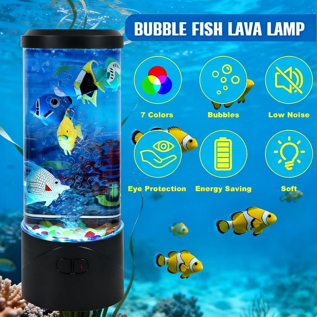 Toycol Bubble Fish Lamp,Artificial Aquarium Lamp with 7-Color Changing,Sensory Bubble Tube Light with 6 Fake Fish Moving,Mood Night Light,Great Gift for Kids & Adults,Decor for Home Office Bedroom