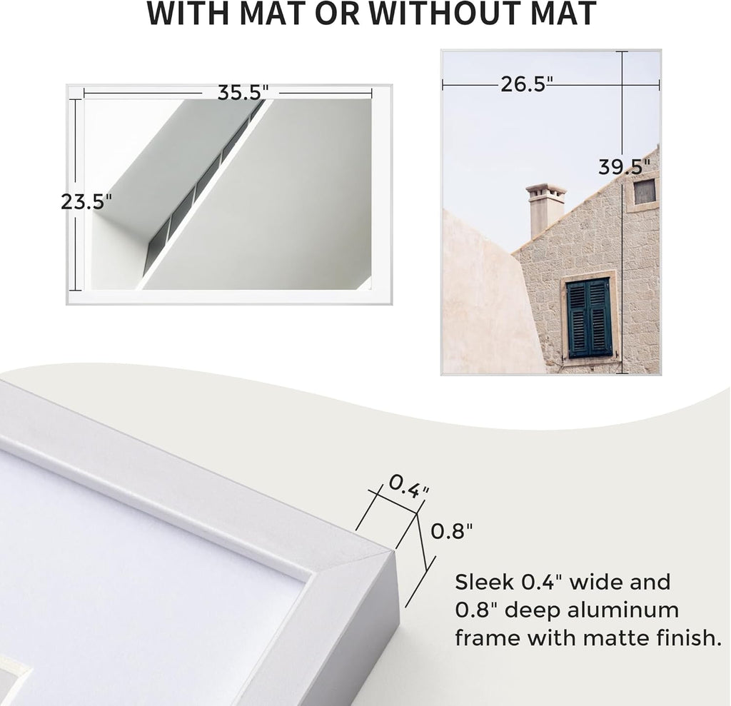 27x40 Metal Picture Frame with 24x36 Mat, Brushed Aluminum Finish, Tempered Glass Front, and Attached Hanging Hardware - Versatile Wall Display Frames for Vertical or Horizontal Orientation(Silver,