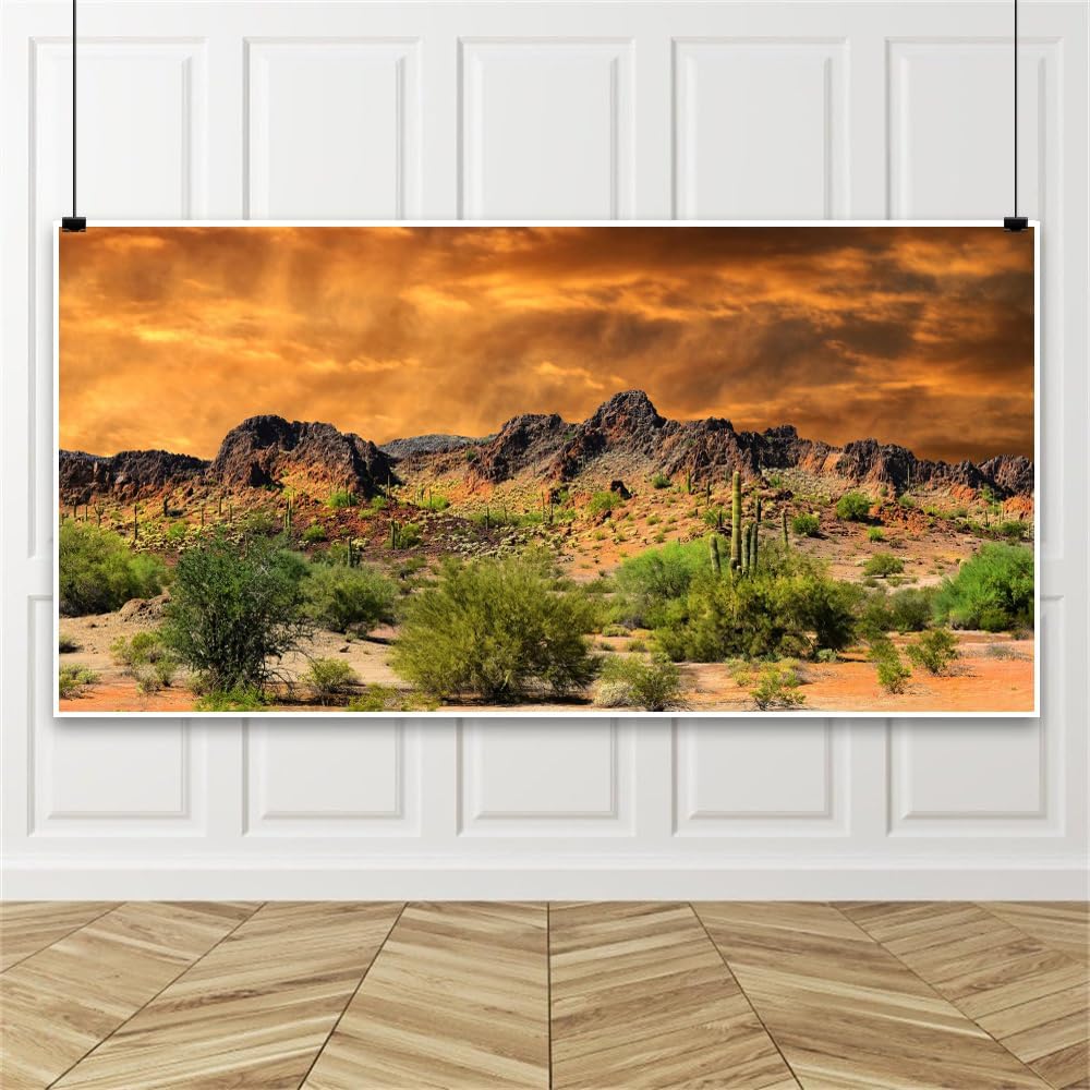 Laeacco 16x7ft Dusk Desolate Desert Backdrop Weathered Mountains Scenic Backdrop Natural Landscape Sunset Glow Cactuses Wedding Photo Studio Stage Perfomance Wallpaper Portrait Shoot Booth Props
