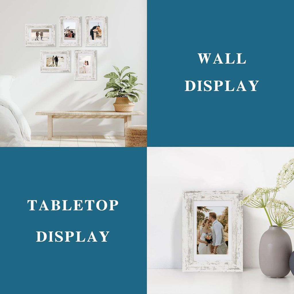 4x6 Picture Frame Set of 4, Made of Real Glass and Distressed White Wooden Frame, 4 by 6 Photo for Wall or Tabletop - Display Picture 3.5x5 with Mat or 4x6 Without Mat