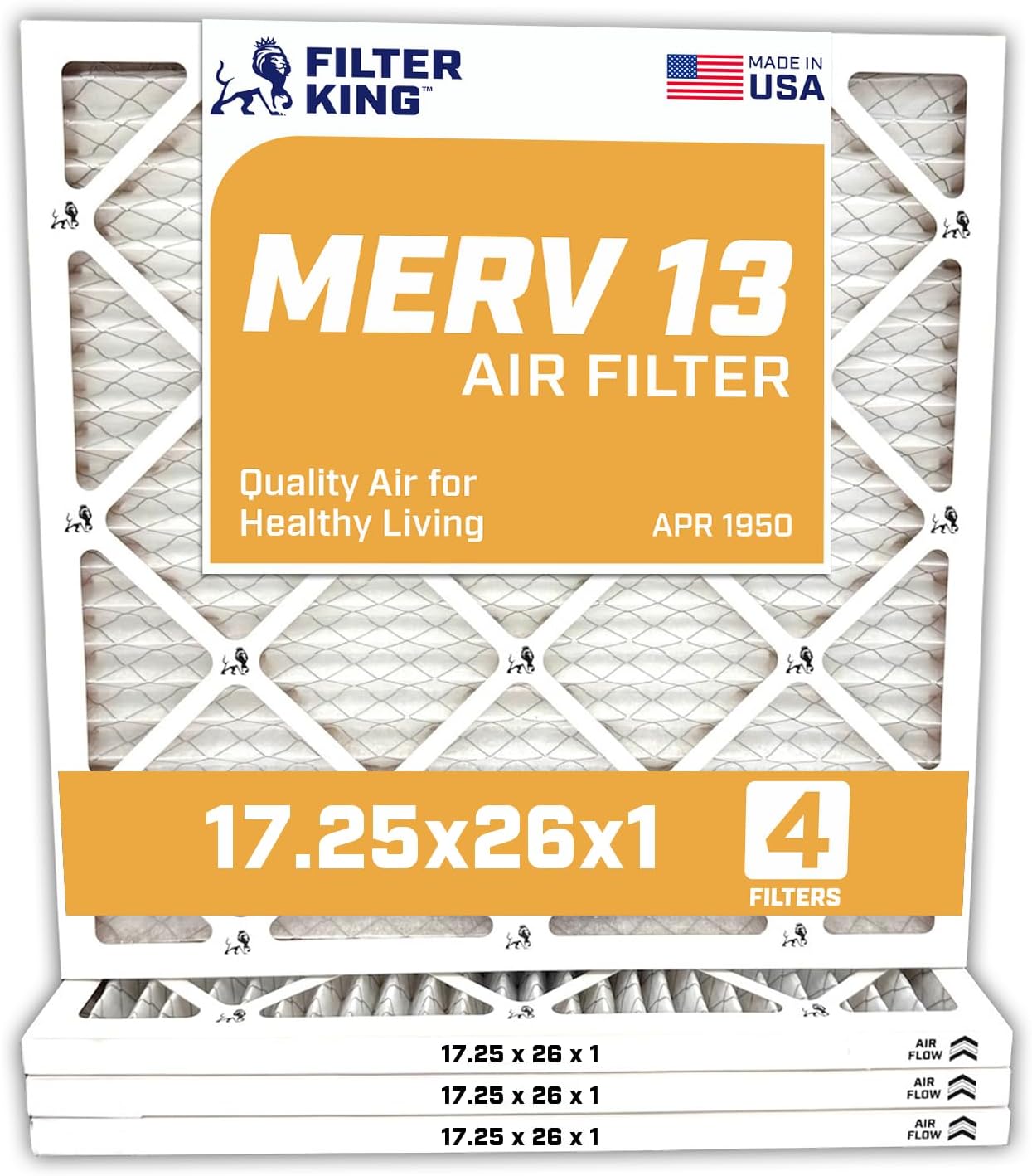 Filter King 17.25x26x1 Air Filter | 4-PACK | MERV 13 HVAC Pleated A/C Furnace Filters | MADE IN USA | Actual Size: 17.25 x 26 x .75"