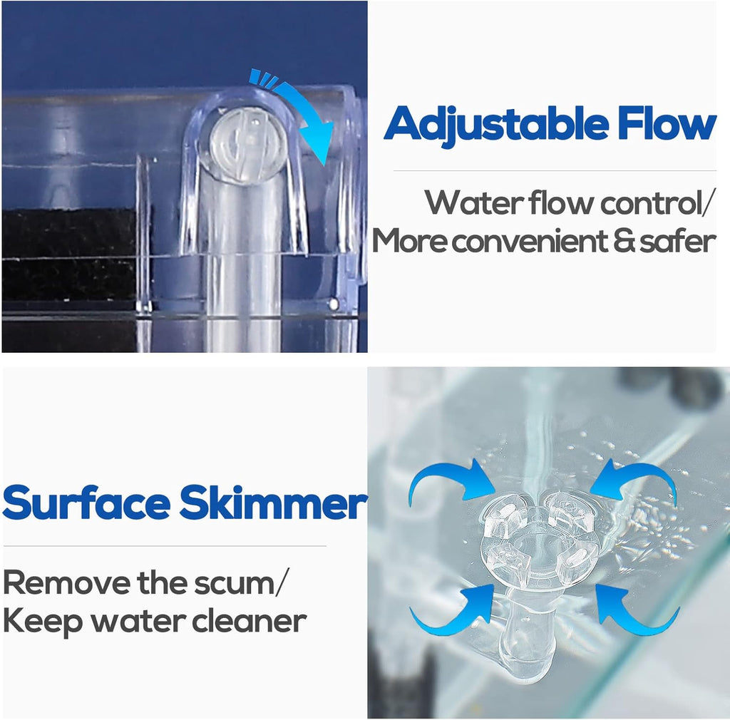 5 Gallon Aquarium Filter with Surface Skimmer, Small Quiet Fish Tank Filter, Biochemical Cotton Filtration & Adjustable Water Flow, Waterfall Design for Increasing Oxygen, Hang on Back Filter