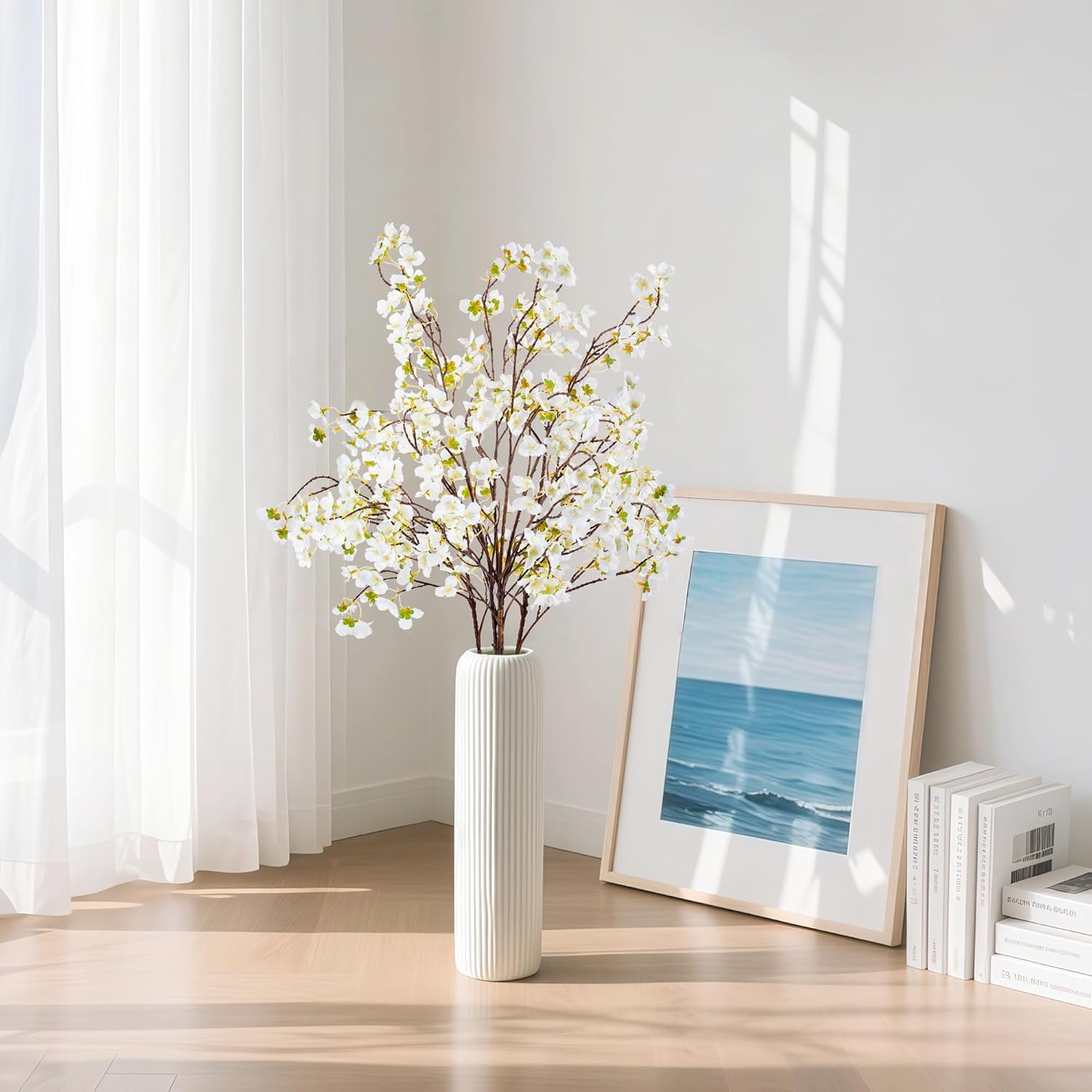 SITUMEIZI Artificial Cherry Blossom Branches Silk 40.58 Inch Faux Cherry Flowers Tall Stems for Home Wedding Bedroom Table Japanese Real Touch Vase Decoration(4Pcs,Ivory White)