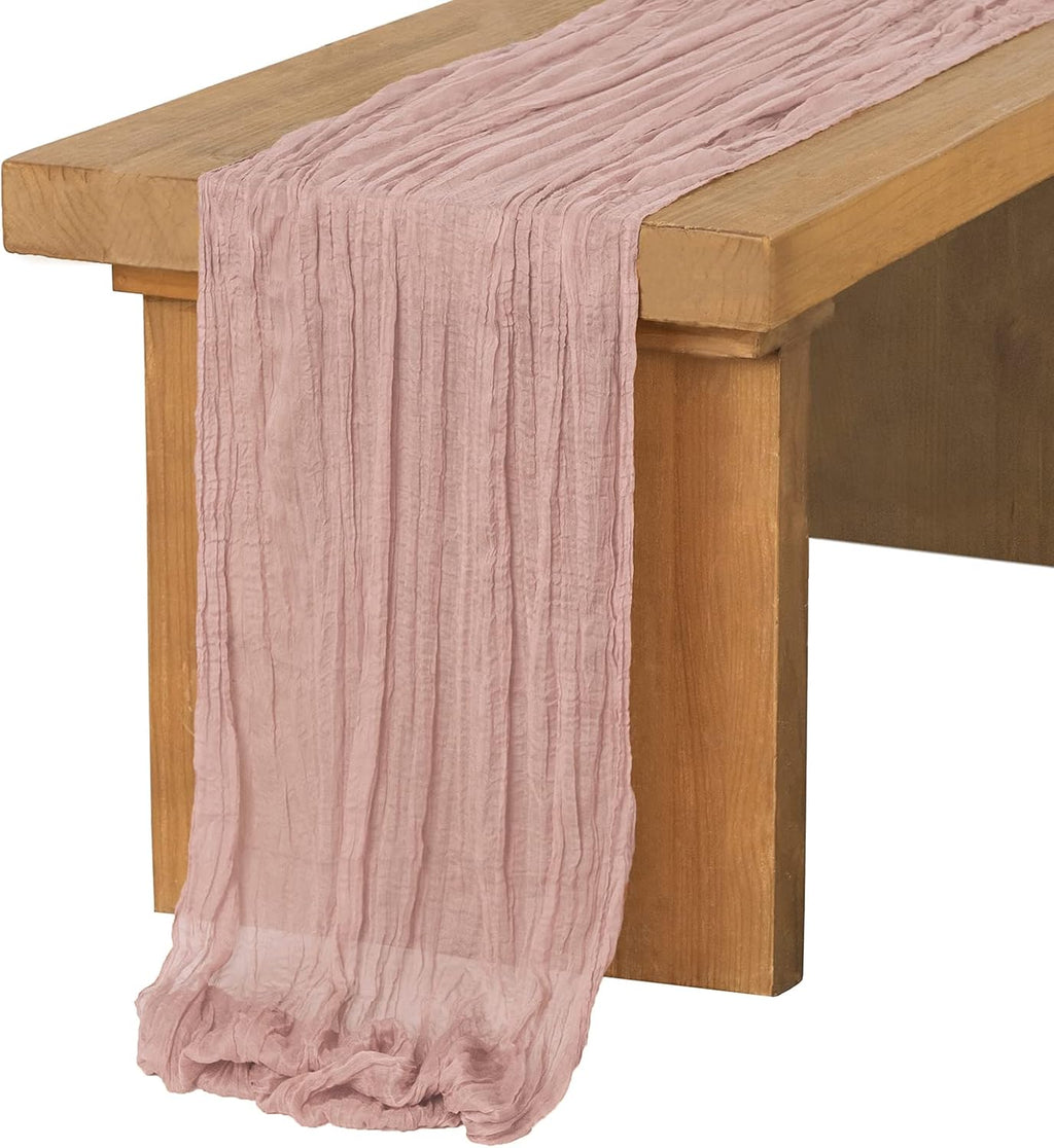 Ling's moment 10Ft x 35" Wide Dusty Rose Gauze Semi-Sheer Table Runner Pink Cheesecloth Tablecloth for Wedding Party Bridal Shower Boho Table Decor