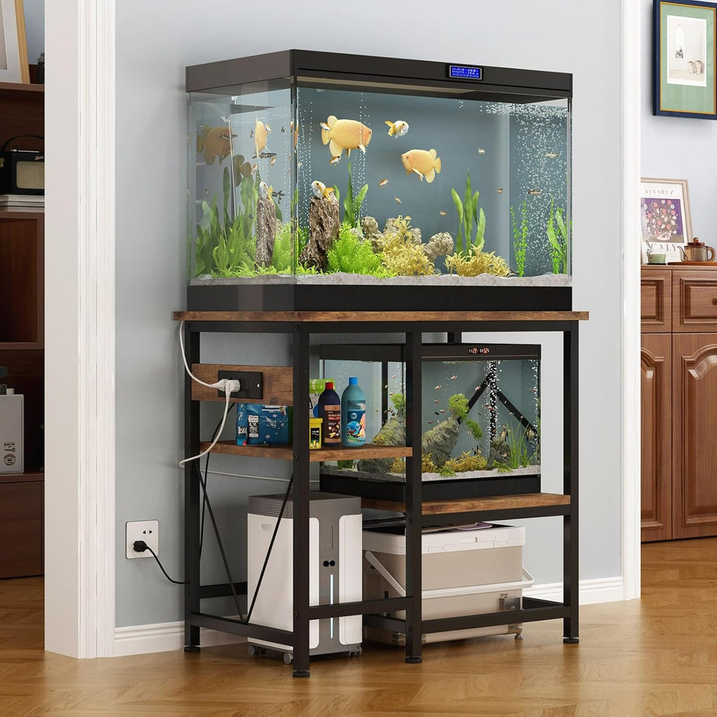 Gallon Fish Tank Stand with Power Outlet Shelves, 30x13 Metal Aquarium Stand for Reptile Tanks, 3-Tier Storage Rack, 400LBS Heavy Duty Capacity (Rustic Brown, 29-37gallon)