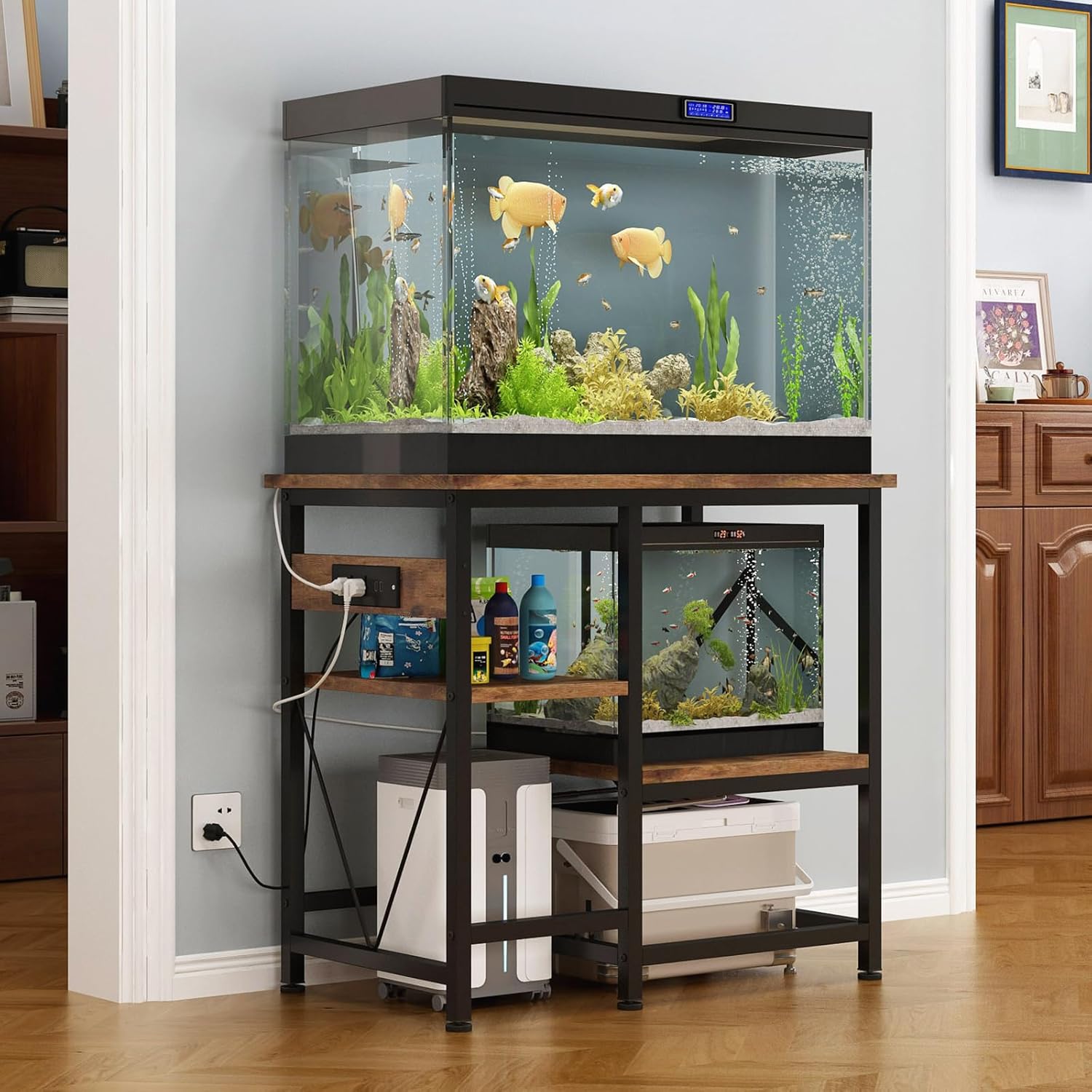 Gallon Fish Tank Stand with Power Outlet Shelves, 30x13 Metal Aquarium Stand for Reptile Tanks, 3-Tier Storage Rack, 400LBS Heavy Duty Capacity (Rustic Brown, 29-37gallon)