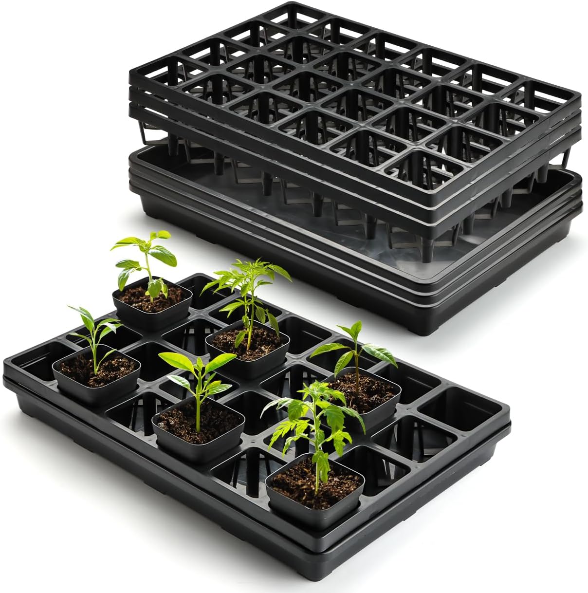 24 Cell Nursery Pots Trays (17"x11"x2") with Plastic Flat Seed Starter Trays, Durable Carrying Seedling Starter Tray, Reusable Planting Tray for Holding 2.7 inch Nursery Pots, 3 Sets Combo