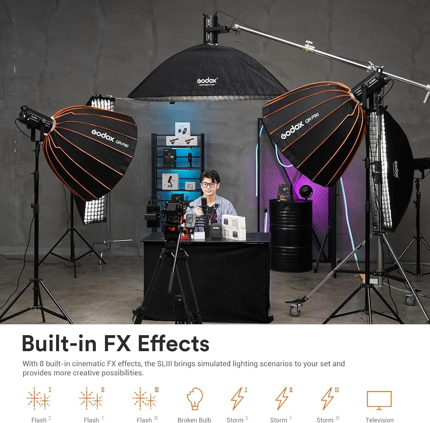 Godox SL200III Daylight LED Video Light, 200W 95600Lux @1M CRI 96+TLCI 97+ Bowens Mount LED Continuous Light, Professional Studio Light with 8 FX Effects&Silent Mode
