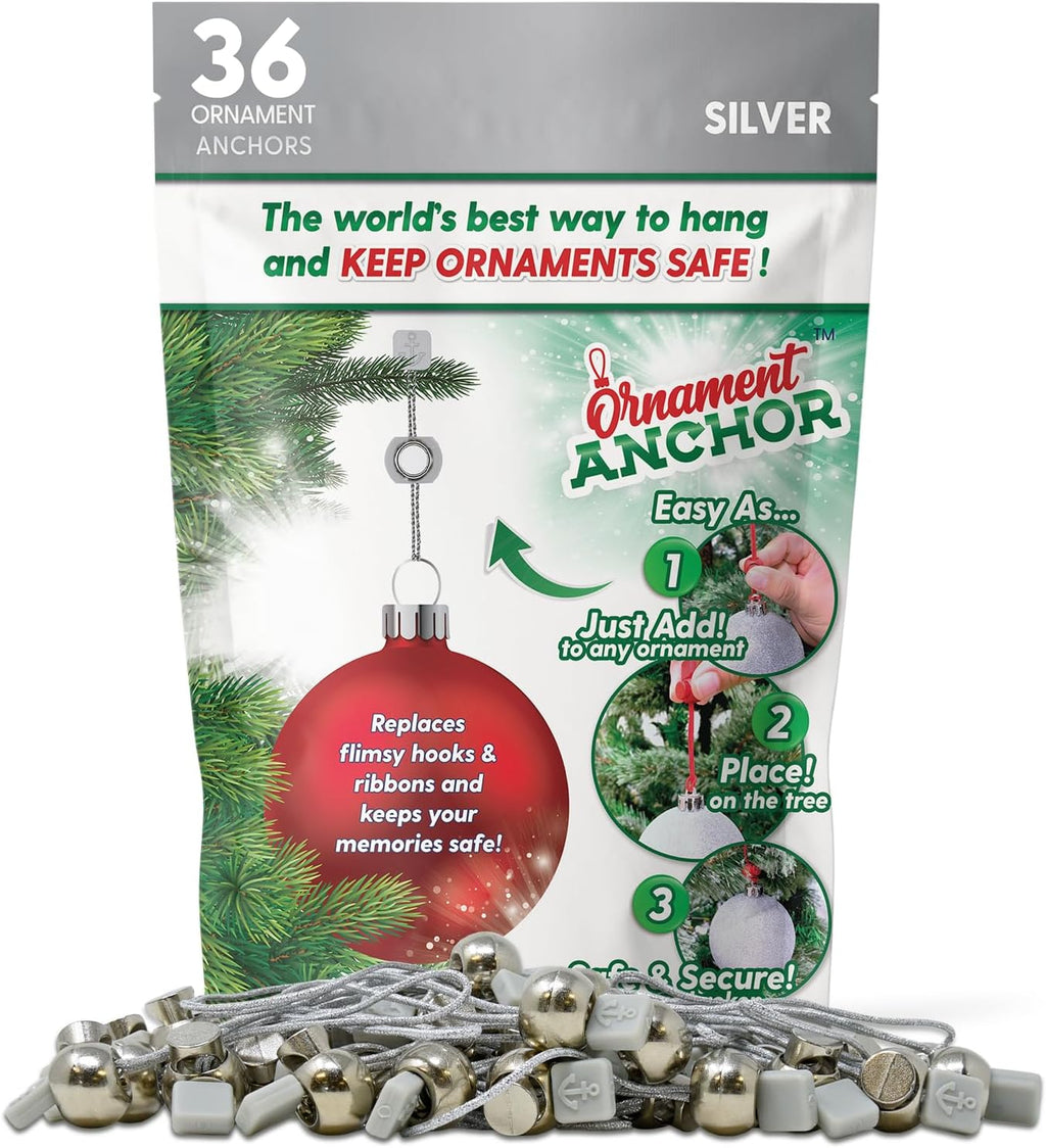 ORNAMENT ANCHOR Ornament Hooks for Hanging Christmas Decorations - No-Slip Hanging Hooks for Xmas - Heavy Duty Christmas Tree Ornaments Hanger Hooks for Large 36 Silver