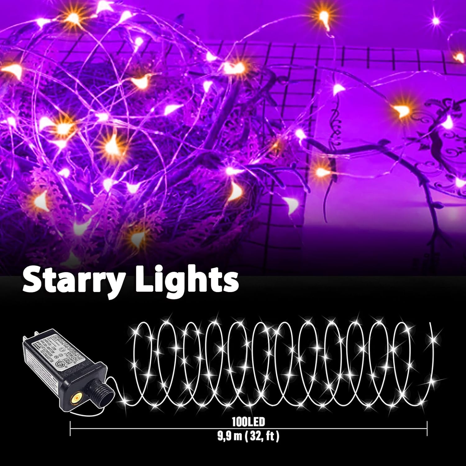 LAMPHOME Halloween Fairy Lights Plug in, 33Ft 100 LEDs Waterproof Twinkle Firefly Lights, Adaptor Included, Starry String Lights for Wedding Indoor Outdoor Christmas Patio Garden, Orange and Purple
