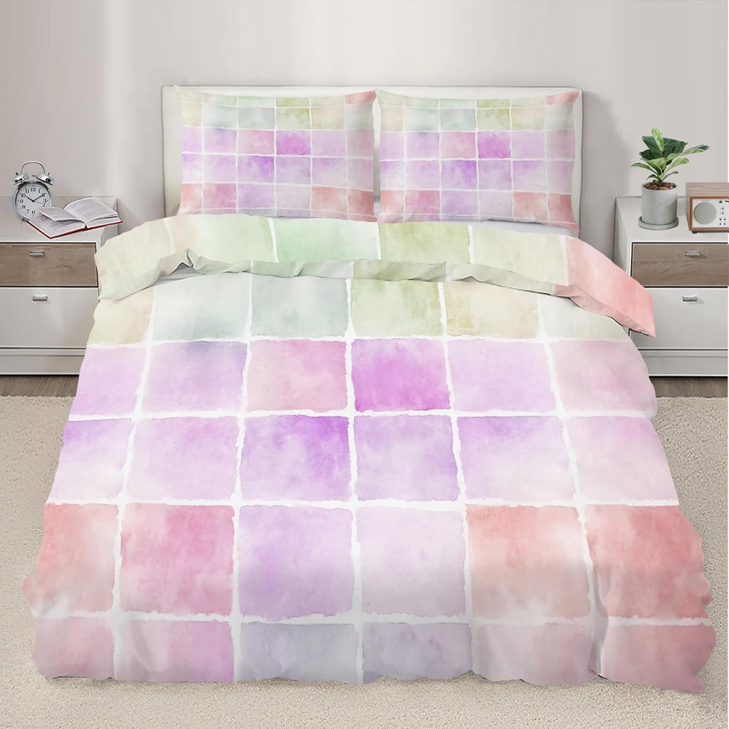 Color Lattice Duvet Cover California King, Multicolored Checkered Plaid Bedding Set 3 Piece Bedroom Decor Comforter Cover and 2 Pillow Sham with Zipper Closure