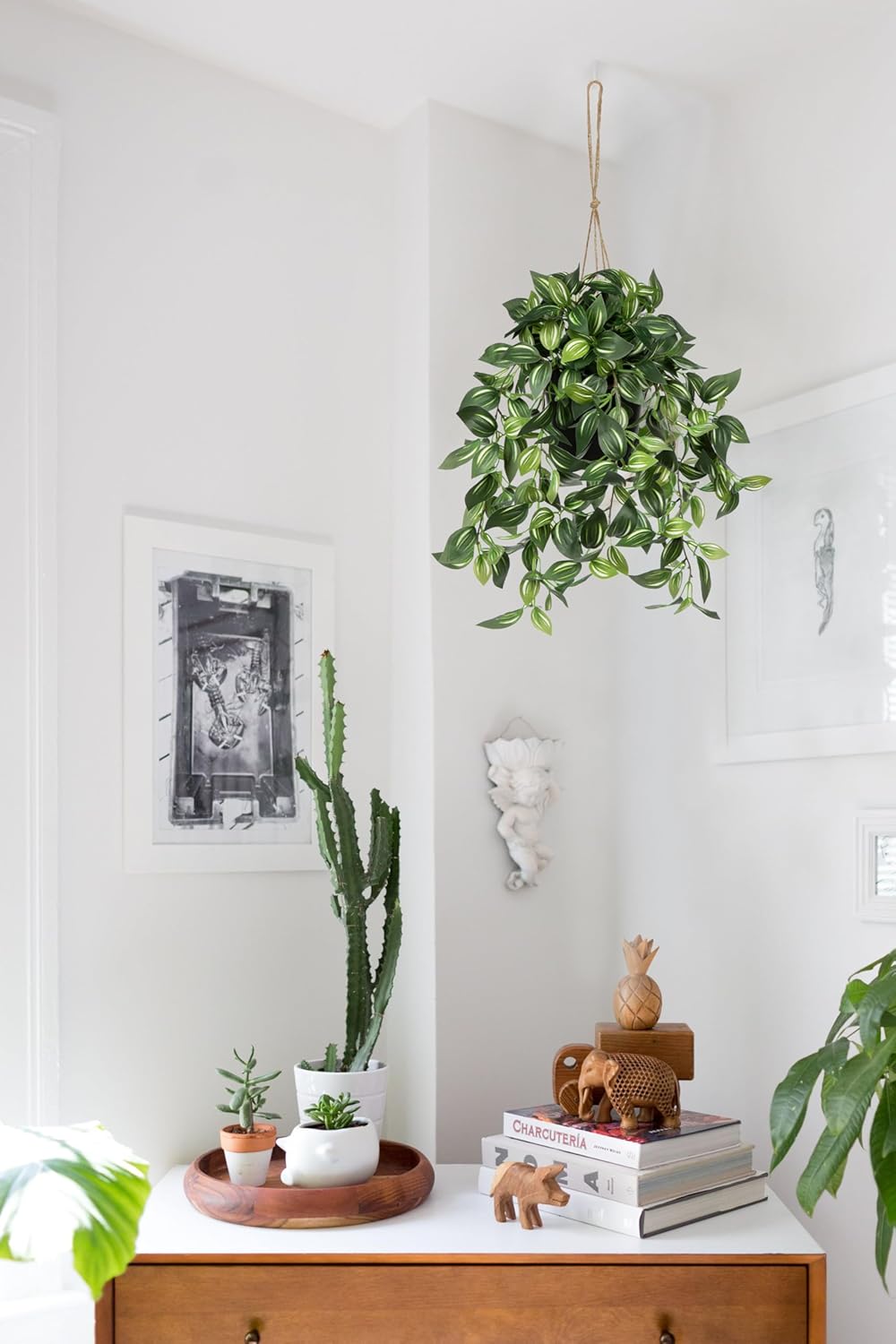 Briful Artificial Hanging Plants in Black Pot 17.7" Lifelike Trailing Faux Watermelon Peperomia Silk Plant with Cascading Green Leaves Fake Hanging Greenery for Indoor & Outdoor Home Garden Décor
