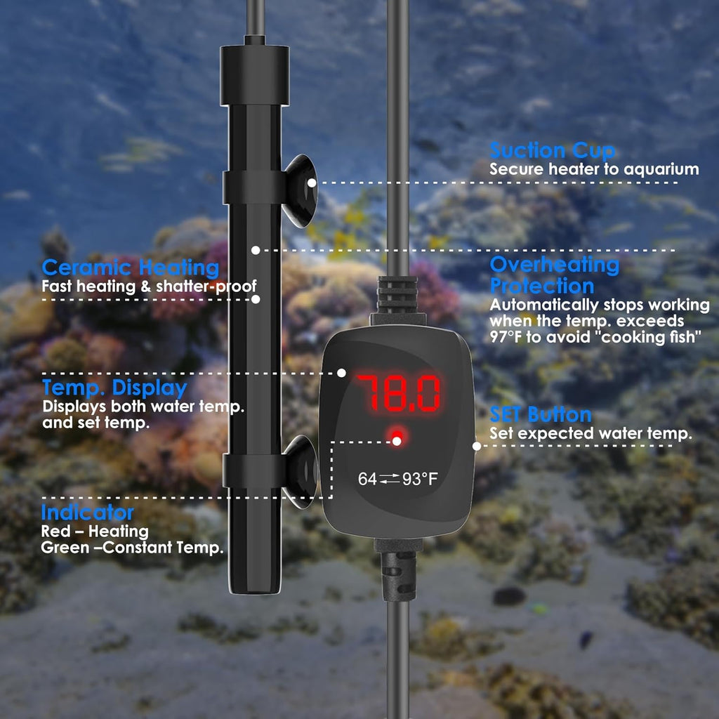 Aquarium Heater 50W Super Small Fish Tank Heater with Digital Display Thermostat, Alumina Ceramic Betta Tank Heater Turtle Heater for 5-10 Gallon Tanks