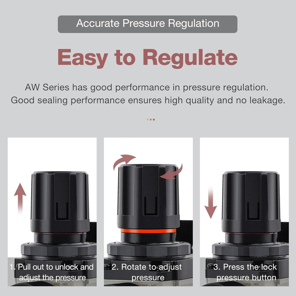 SNS 1/4''NPT Compressed Air Compressor Pressure Filter Regulator Piggyback Combo - Poly Bowl with Metal Guard, Semi-auto Drain, Bracket, with Gauge AW3000-N02A