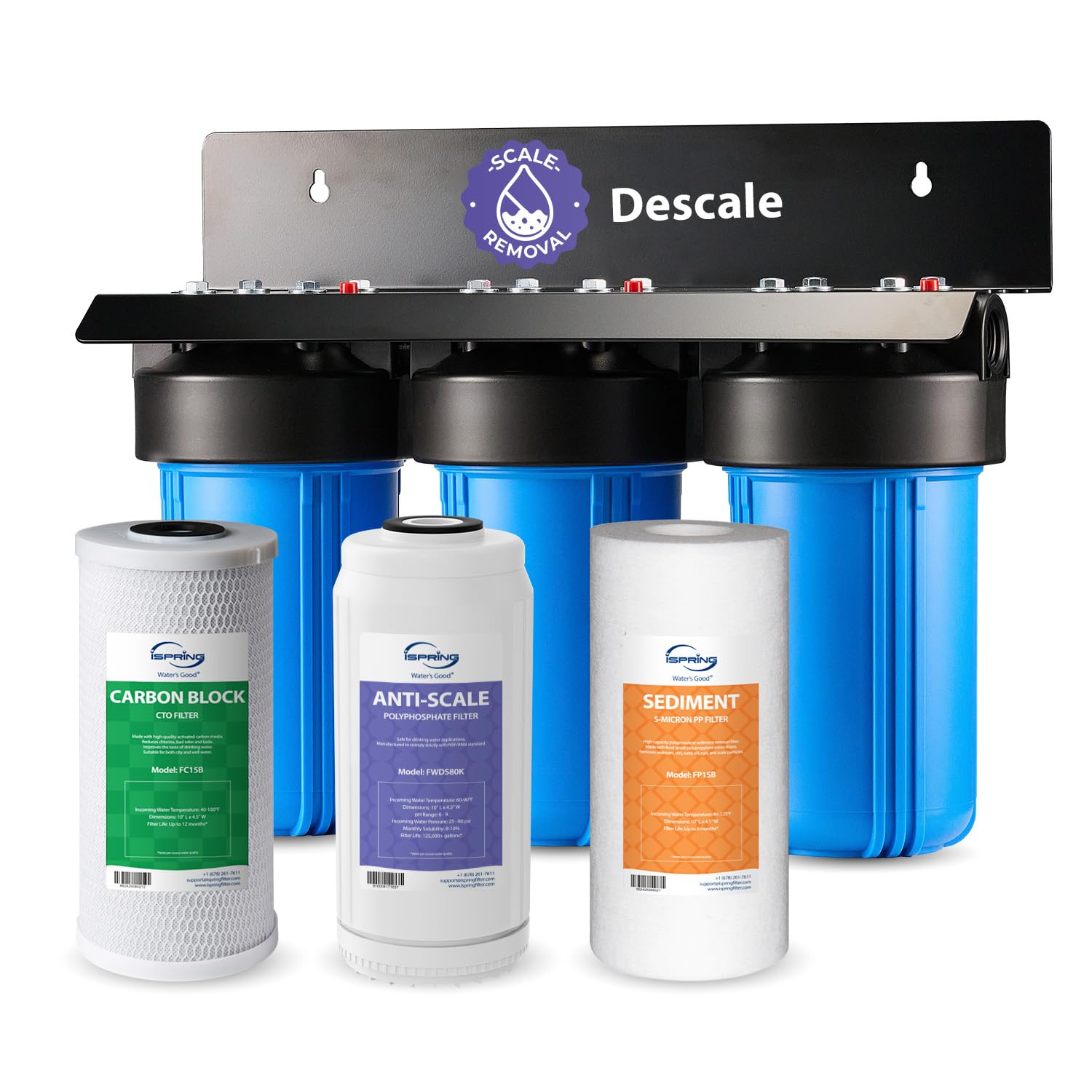 iSpring Anti-Scale Whole House Water Filter System, Reduces up to 99% Chlorine, Odor, and Sediments, 3-Stage Water Descaler and Water Filter, 1" Inlet/Outlet, Model: WGB31B-DS