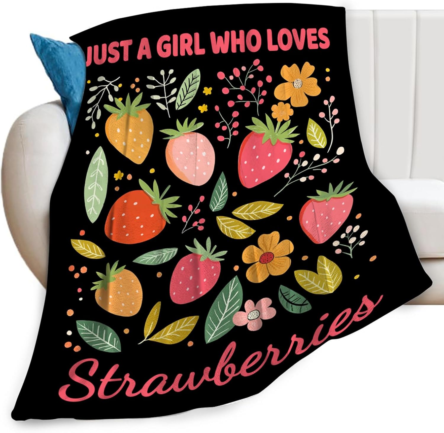 Just A Girl Who Loves Strawberries Throw Blanket Cute Strawberry Fruits Print Throw Blankets Gifts for Couch Sofa Bed Stuff Decor Soft Cozy Fleece Plush Warm Flannel Bedding for Lover 40"x50"