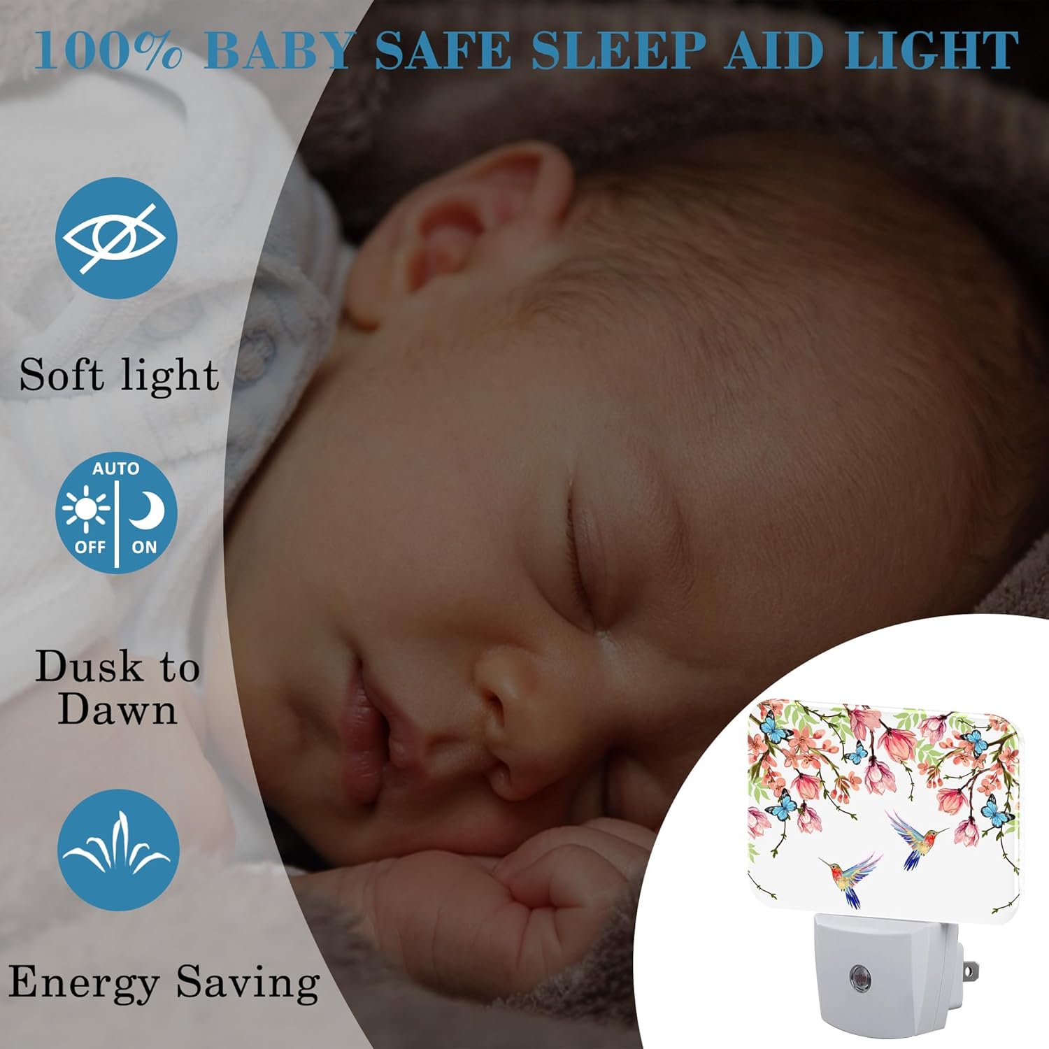 Hummingbird and Blue Butterfly Plug in Night Lights, Wisteria Flowers Nightlight Plug Into Wall Dusk to Dawn Sensor for Kid Girls Boys Women Bedroom,Hallway,Kitchen,Bathroom,Stairs Decor