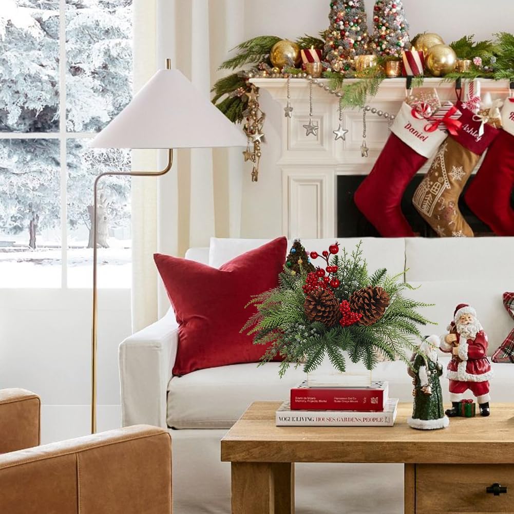 Christmas Centerpieces Table Decorations 10" Small Artificial Potted Christmas Tree Tabletop Pine Plants with Red Berry Pine Cones in Wooden Pot for Home Winter Xmas Mantel Farmhouse Indoor Decor