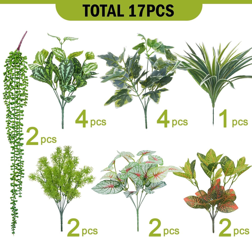 GTIDEA 17 Bundles Outdoor Artificial Plants UV Resistant Fake Greenery Stems Faux Shrubs for Indoor Outside Hanging Front Porch Patio Garden Window Box Home Decor