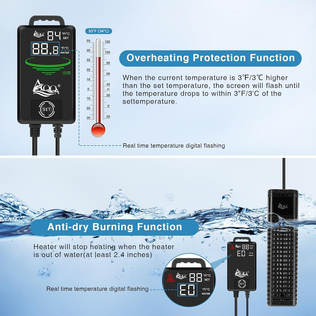 AQQA Aquarium Heater,300W 500W 800W 1000W 1200W Fish Tank Heater,59℉-93℉ Submersible Intelligence Aquarium Heater with Over-Temperature Dry Burning Protection 1200W to 155-265 Gallon