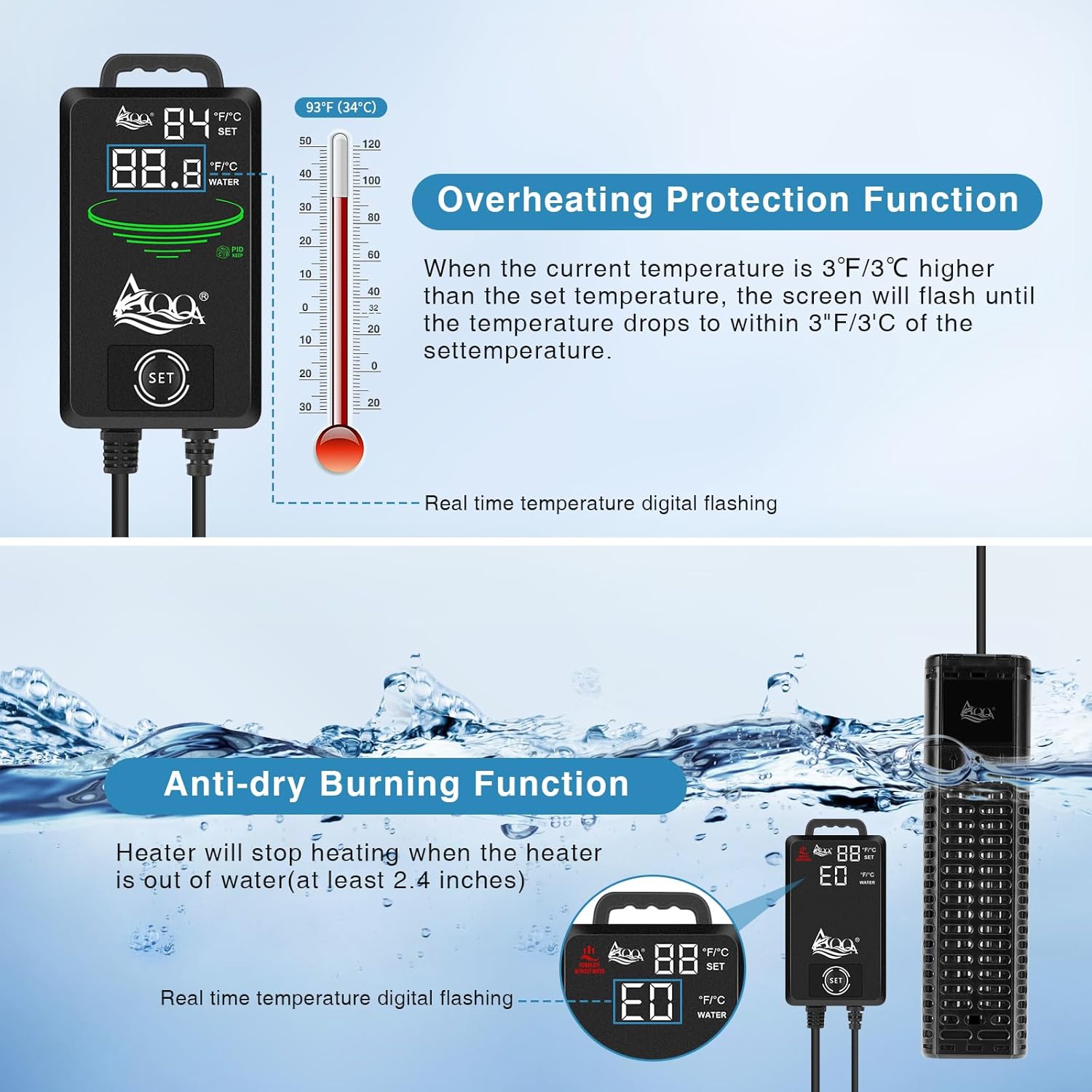 AQQA Aquarium Heater,300W 500W 800W 1000W 1200W Fish Tank Heater,59℉-93℉ Submersible Intelligence Aquarium Heater with Over-Temperature Dry Burning Protection 1200W to 155-265 Gallon