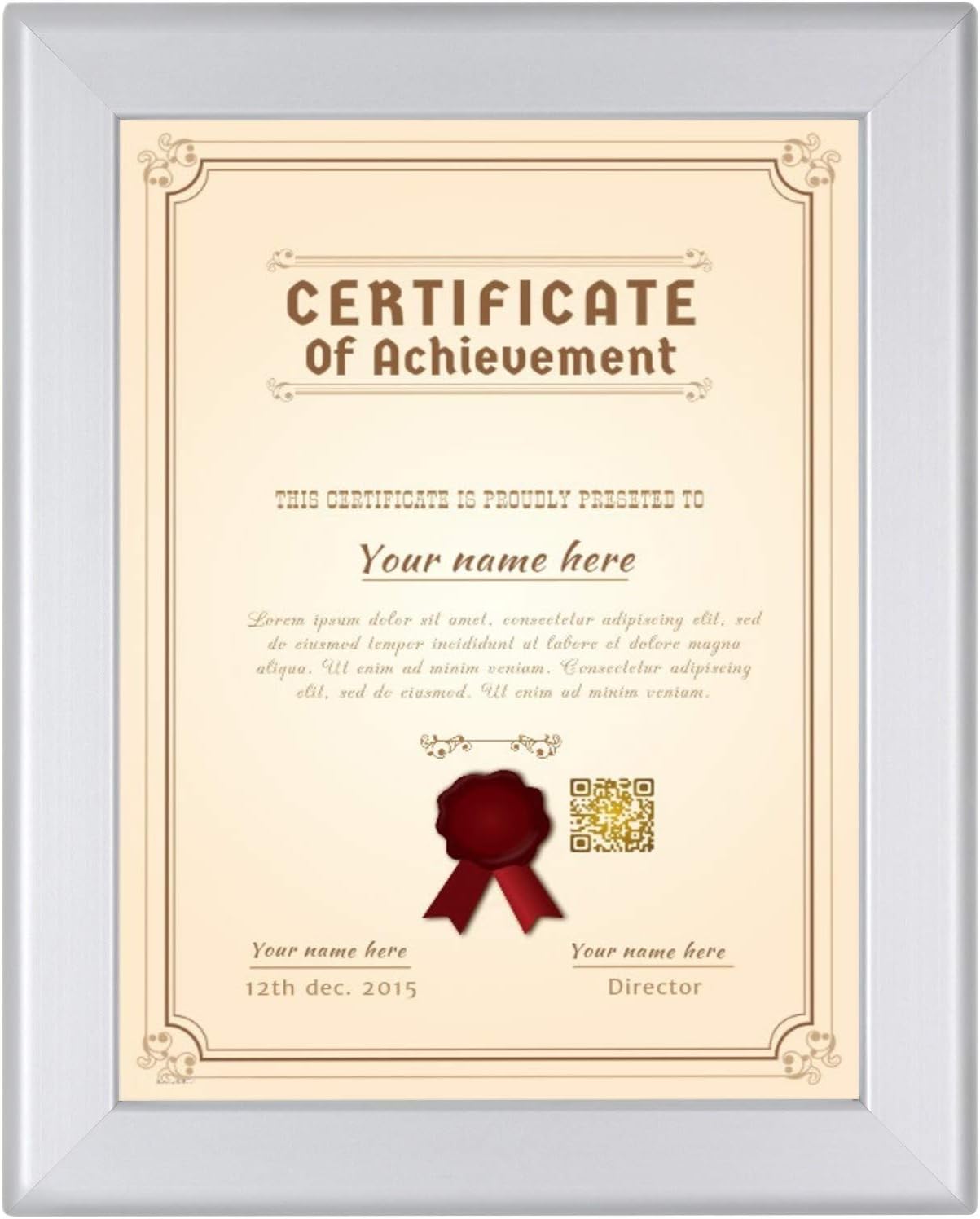 SnapeZo Certificate Frame 8.5x11, Silver, 1.25 Inch Aluminum Profile, Front-Loading Snap Frame, Wall Mounting, Professional Series