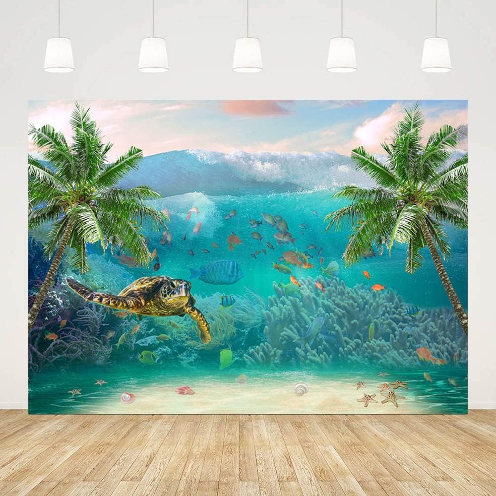 7x5ft Summer Underwater Photography Backdrop Sea Waves Under The Sea Turtle Fishes Palm Trees Corals Photo Background Beach Ocean Theme Birthday Decorations Props