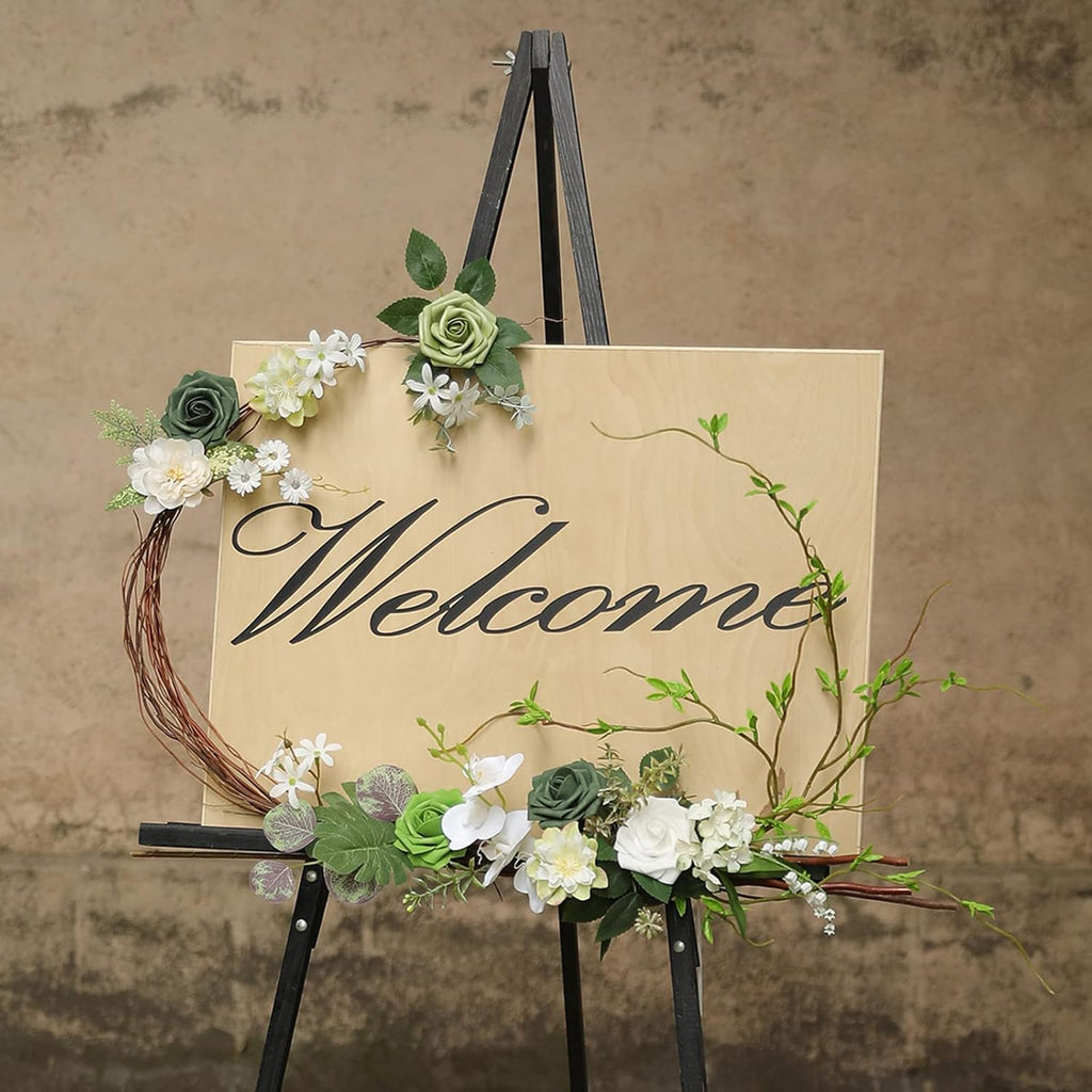YYHUAWU Artificial Flowers Combo Box Set Forest Green Color Foam Fake Roses with Stems for DIY Wedding Bouquets Centerpieces Baby Shower Party Home Decorations