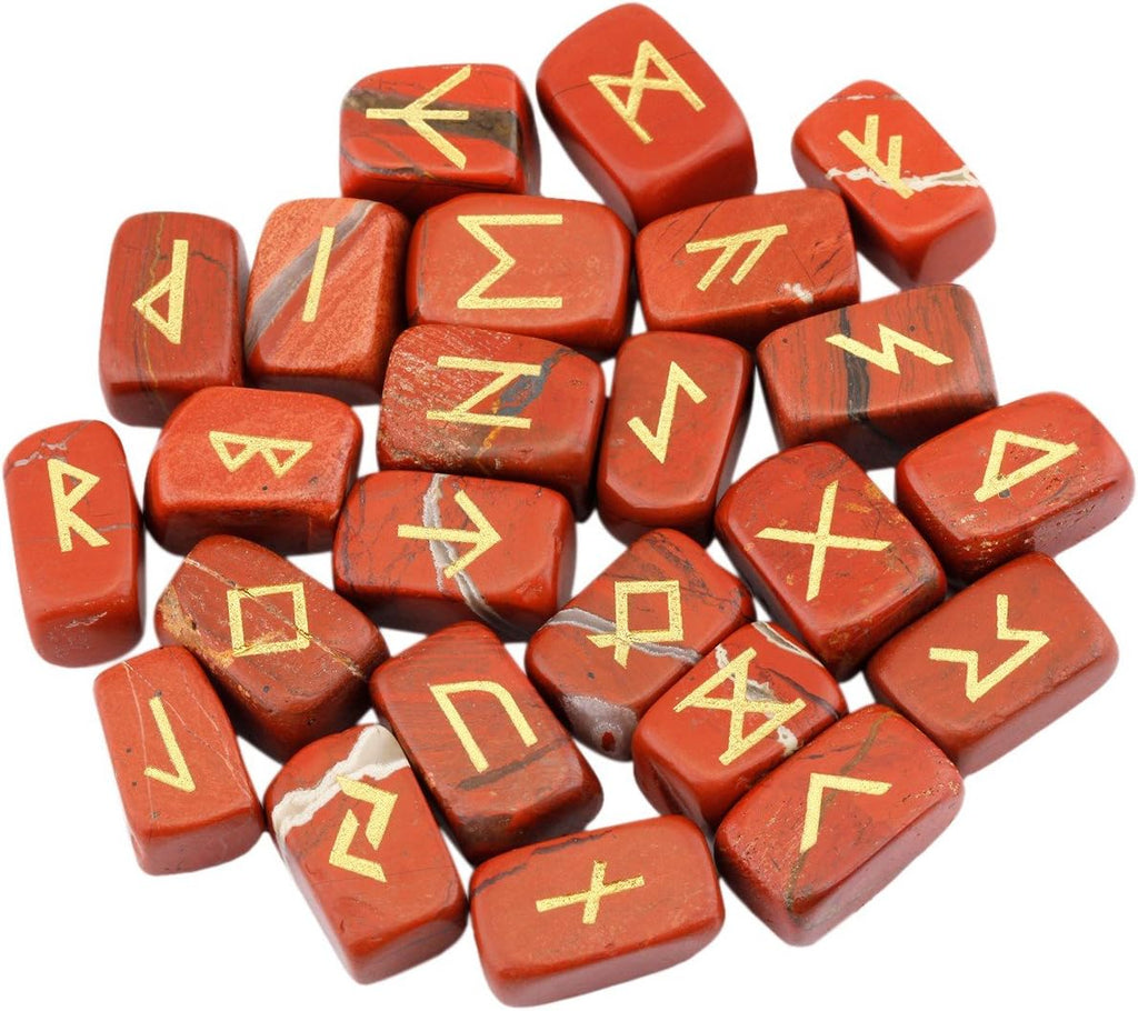 rockcloud Red Jasper Rune Stones Tumbled Engraved Lettering Crystal Set for Wicca Crystals Healing Chakra Reiki