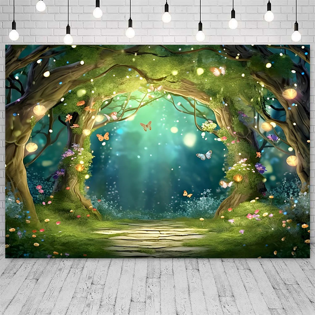 5x4ft Spring Enchanted Forest Backdrop Fairy Tale Wonderland Photography Background Butterfly Flower Brick Road Banner Decorations Newborn Baby Shower Birthday Party Photo Booth Props