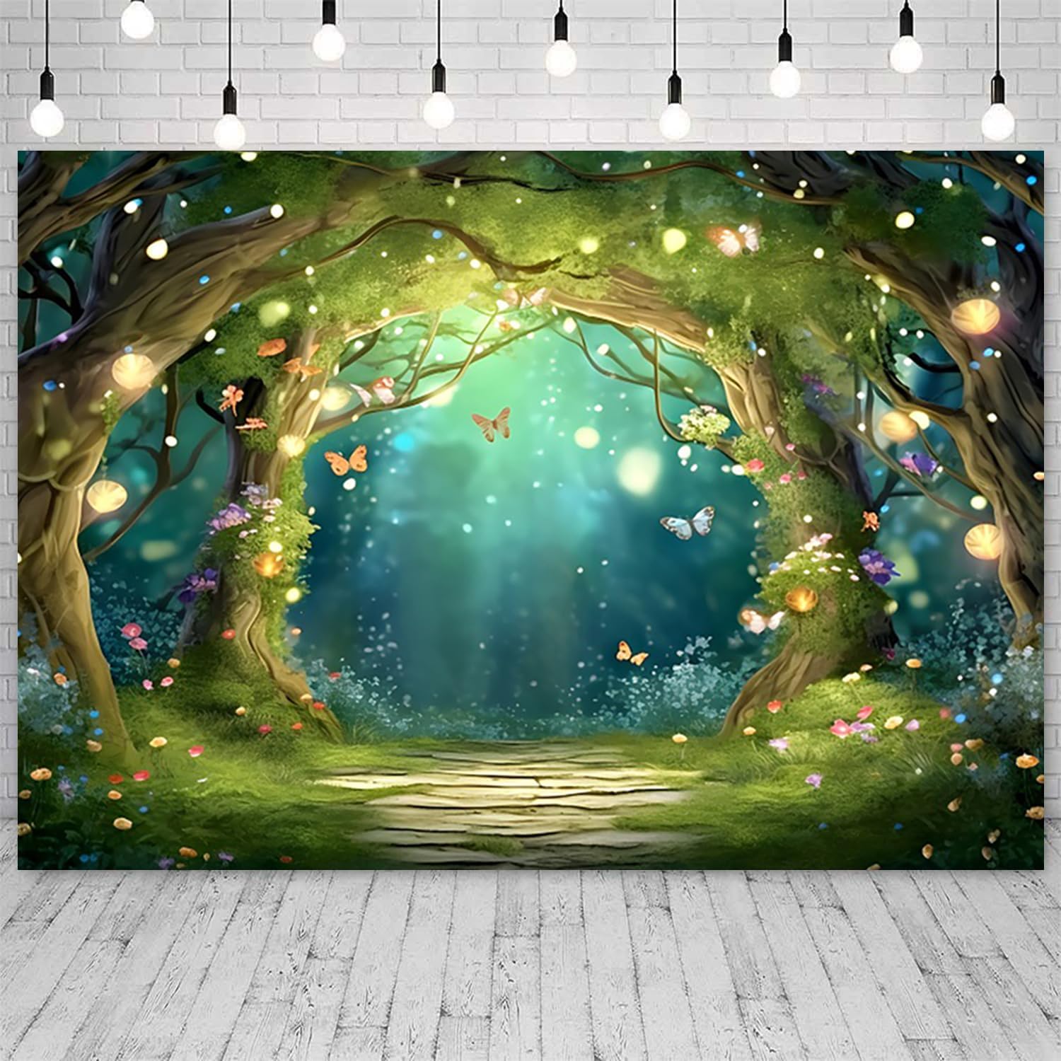 12x8ft Spring Enchanted Forest Backdrop Fairy Tale Wonderland Photography Background Butterfly Flower Brick Road Banner Decorations Newborn Baby Shower Birthday Party Photo Booth Props