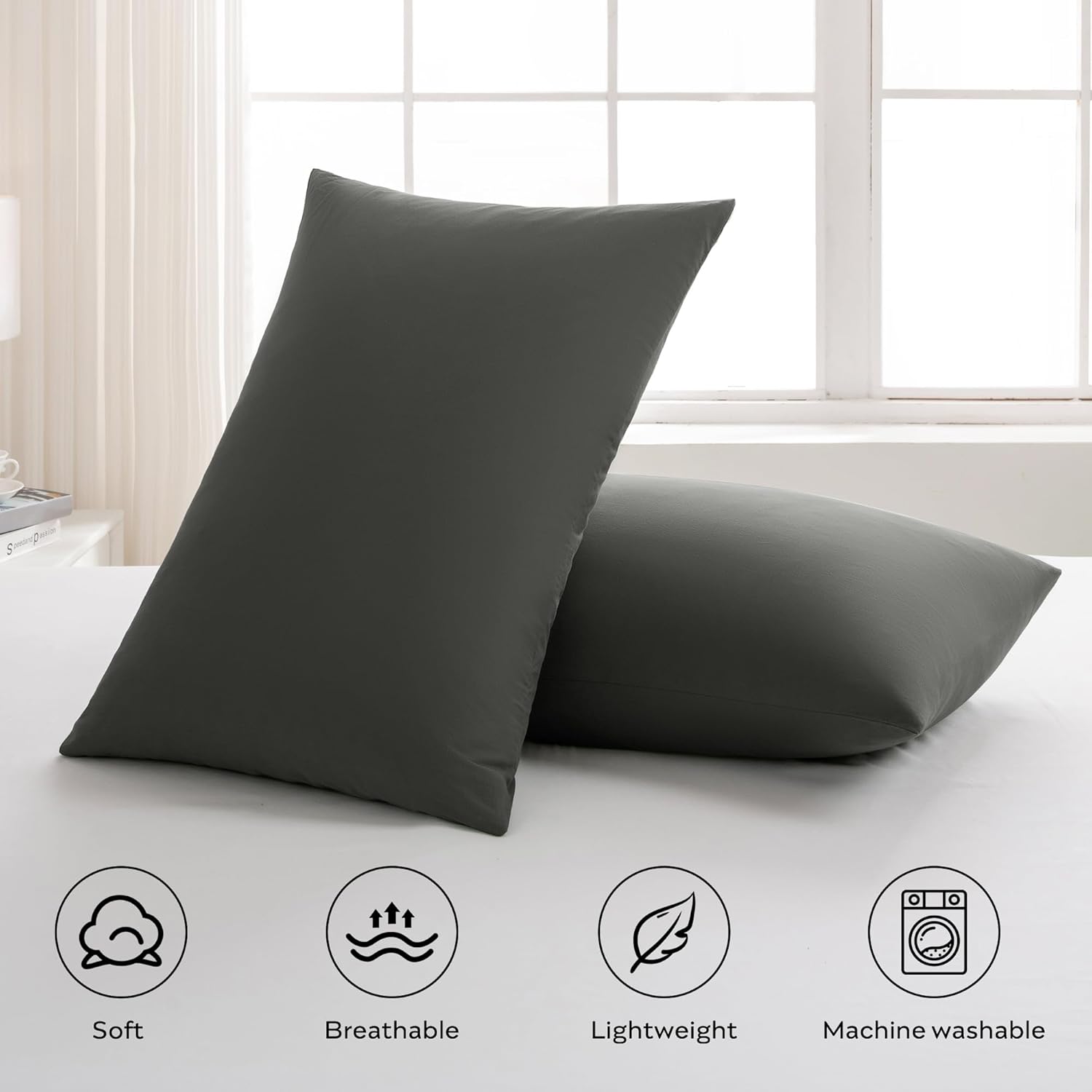 JELLYMONI Pillowcases King Set of 2 Cotton Envelope Pillow Covers Grey 20×36in Bed Pillow Cases 100% Washed Cotton Soft Breathable (Pillows are not Included)