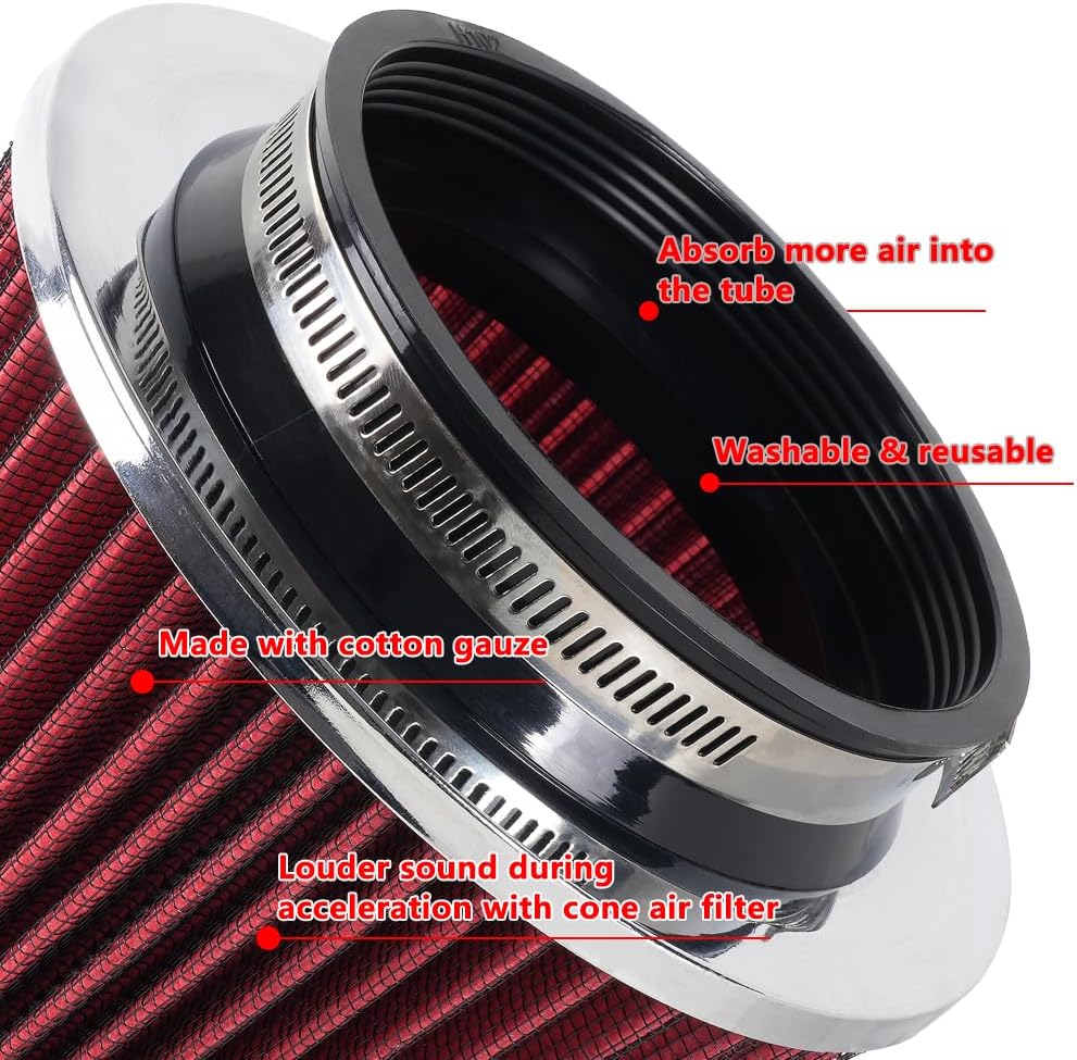 4-Inch Cold Air Intake Filter - Washable, High Performance, 3" or 3-1/2" or 4" Clamp-On Replacement Air Filter Red