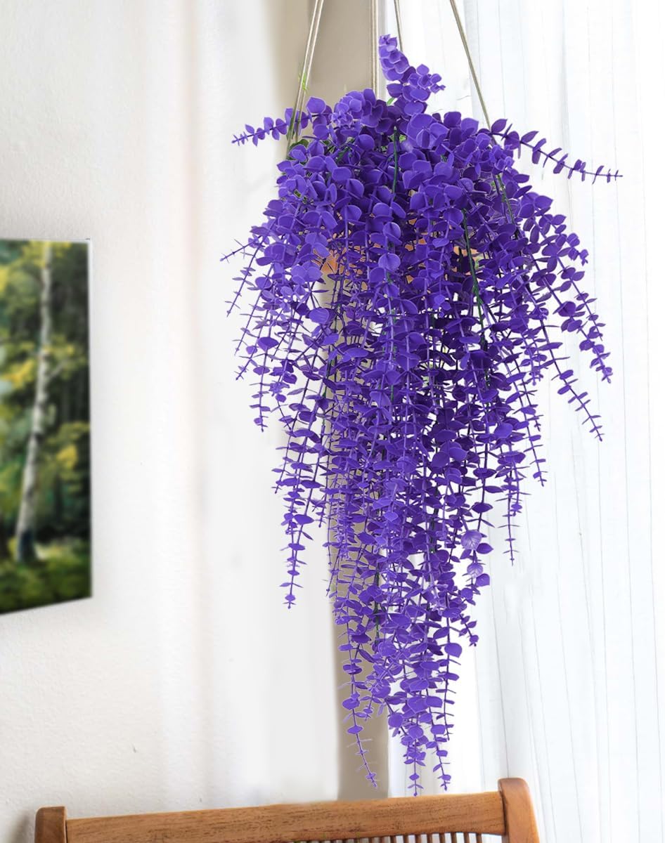 RECUTMS Artificial Hanging Plants Fake Plants Greenery Vines Aritificial Plants Eucalyptus Purple Leaves Hanging Vines Plant Colorful Outdoor Faux Vines Wall Decoration(Pure Purple)