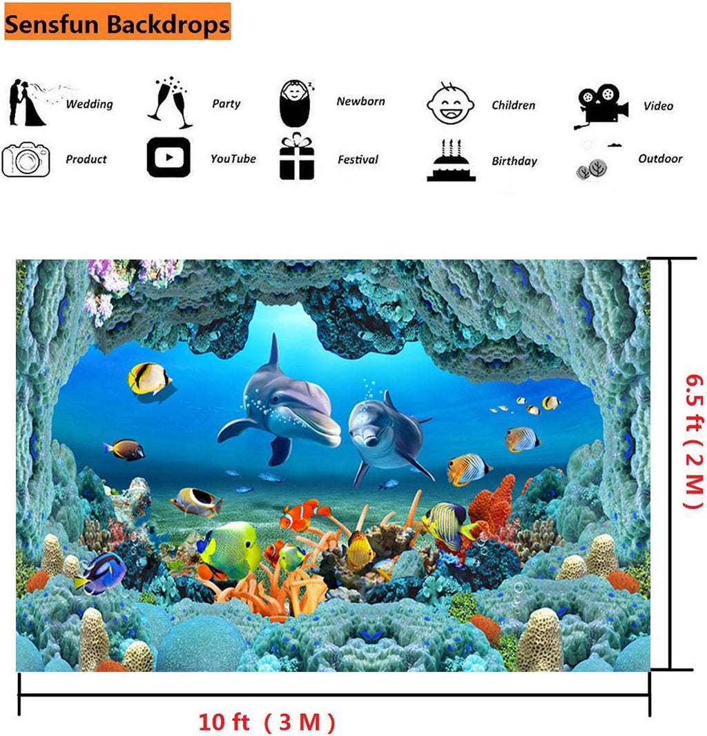 Sensfun 10x6.5ft 3D Underwater World Photo Booth Backdrop Aquarium Coral Fish Under Sea Cave Dolphin Photography Background for Baby Shower Smash Cake Banner Children Holiday Photo Studio Props(WP124)