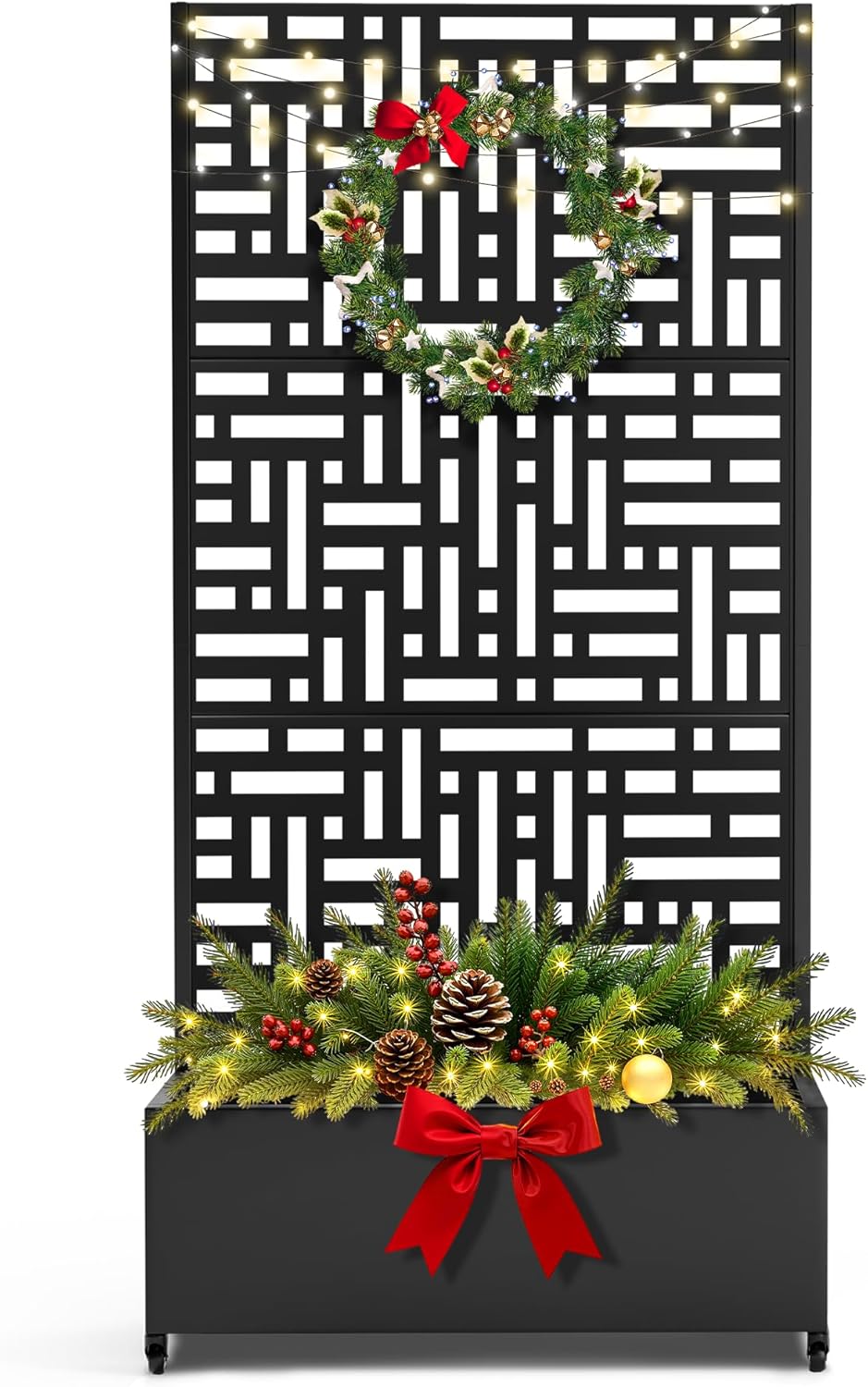 FENCY Metal Raised Garden Bed with Wheels and Trellis,73"x35"x16" Planter Box for Climbing Plants, Vegetables & Vines, Features Privacy Screen and Drainage Holes (Black-Geometric Lattice)