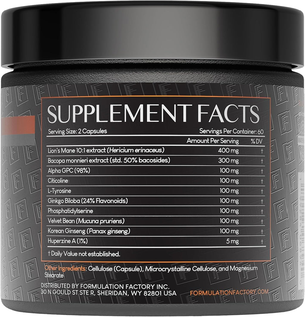 Formulation Factory BOSS Mode 10-in-1 Nootropic Cognitive Enhancement Supplement, Focus & Memory Booster, Featuring Lion’s Mane, Bacopa Monnieri, Alpha-GPC, Ginseng & More 240 Capsules (2 Pack)