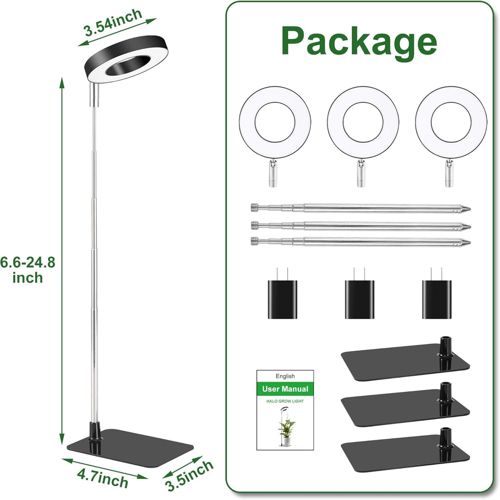 Black 3.54" LED Grow Light, Full Spectrum Plant Lights for Indoor Growing with 3/9/12H Timer, 3 Color Modes, 10 Brightness, Height Adjustable，Small Halo Grow Light with Base, 3 Pack