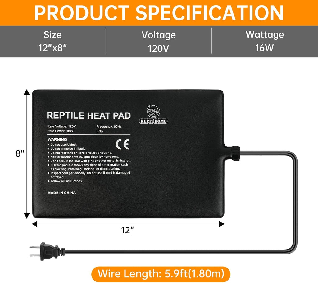 Reptile Heat Pad 8x12 Inch 16W, Terrarium Heating Mat Under Tank, Reptile Heat Mat/Pad for Amphibians, Turtle, Lizard, Bearded Dragon, Hermit Crab, Frog, Snake