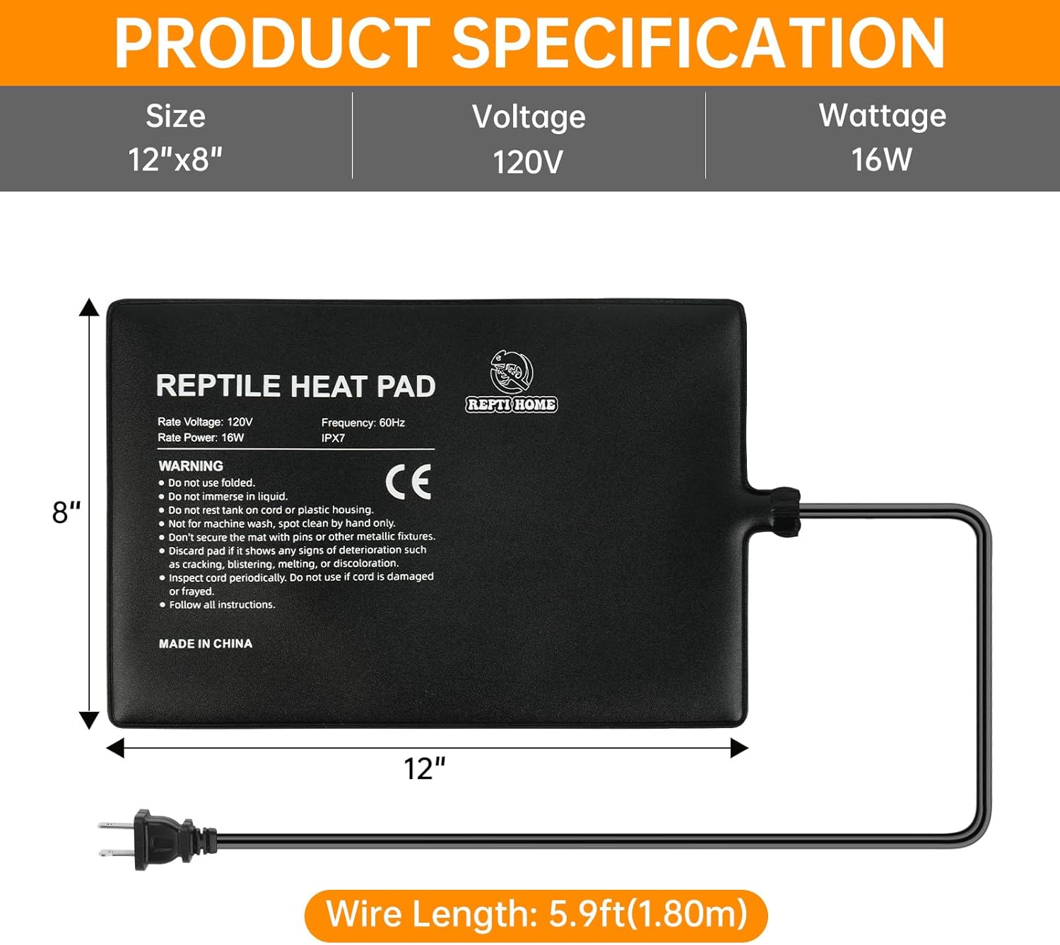Reptile Heat Pad 8x12 Inch 16W, Terrarium Heating Mat Under Tank, Reptile Heat Mat/Pad for Amphibians, Turtle, Lizard, Bearded Dragon, Hermit Crab, Frog, Snake