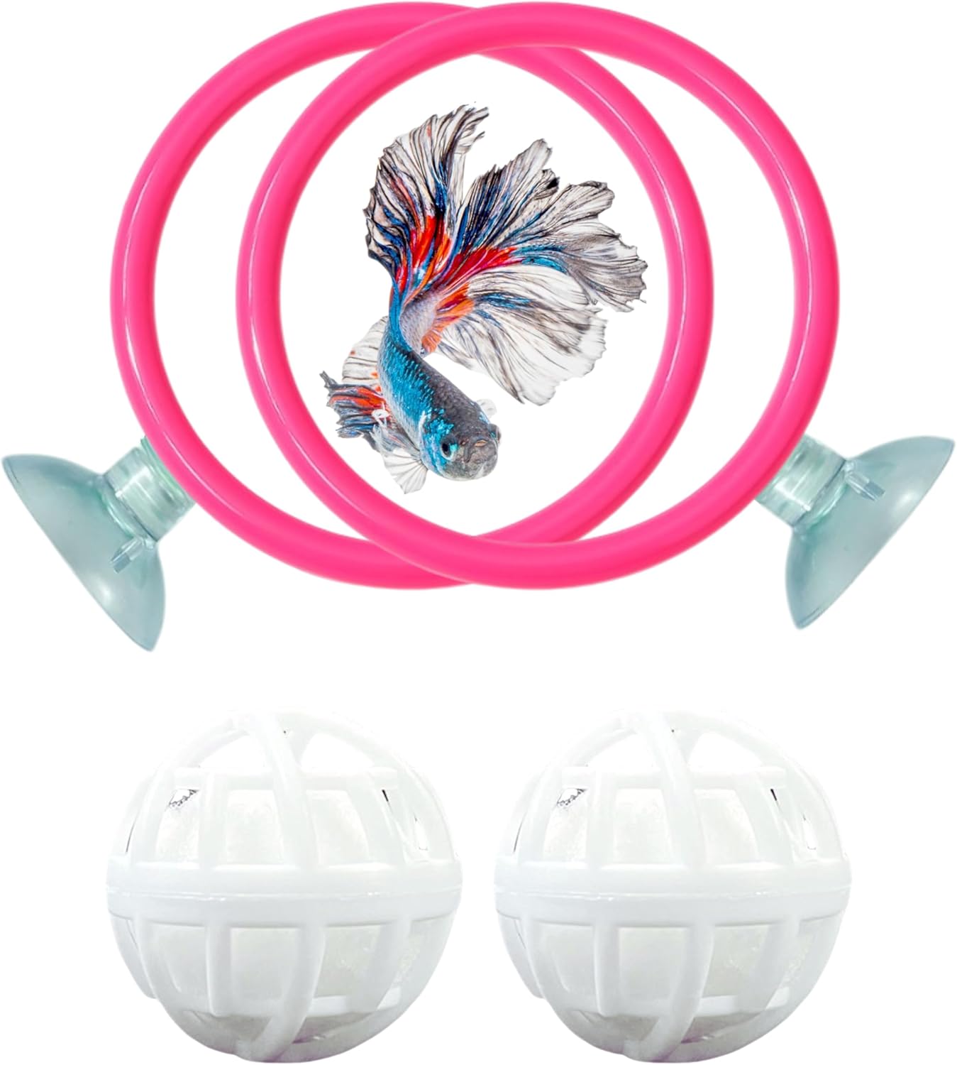 Betta Ring Enrichment Toys with Filter Ball set, Turtle Water Cleaner Ball, Aquarium Feeding Ring with Nitrifying Balls, Betta Fish Toy, Aquatic Turtle Enrichment Toy, Tortoise Supplies (Pink, M-70mm)