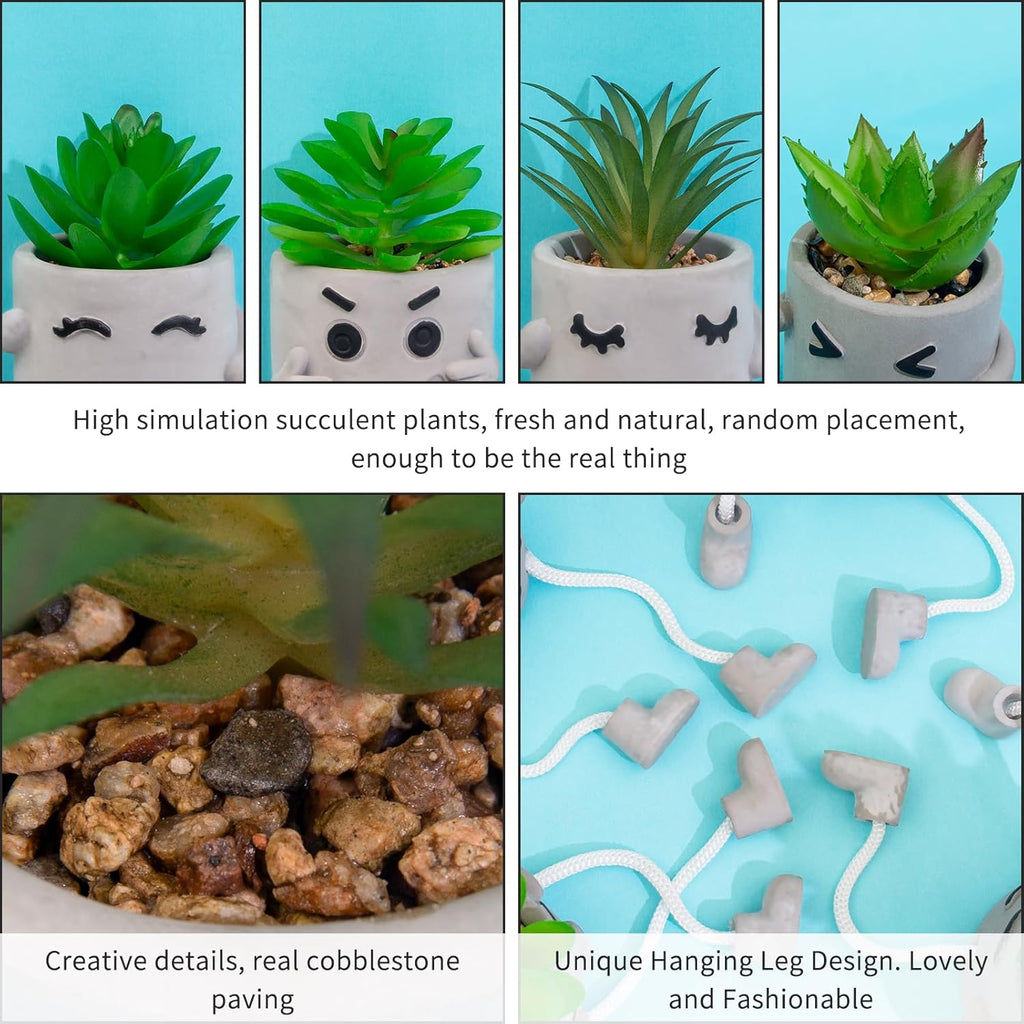 Set of 4 Small Faux Succulents in Cement Pots with Hanging Legs, Potted Mini Fake Plants for Desk, Office Cubicle, Kitchen, Bathroom, Wall Shelf Decor, Room & Bookshelf Ornament