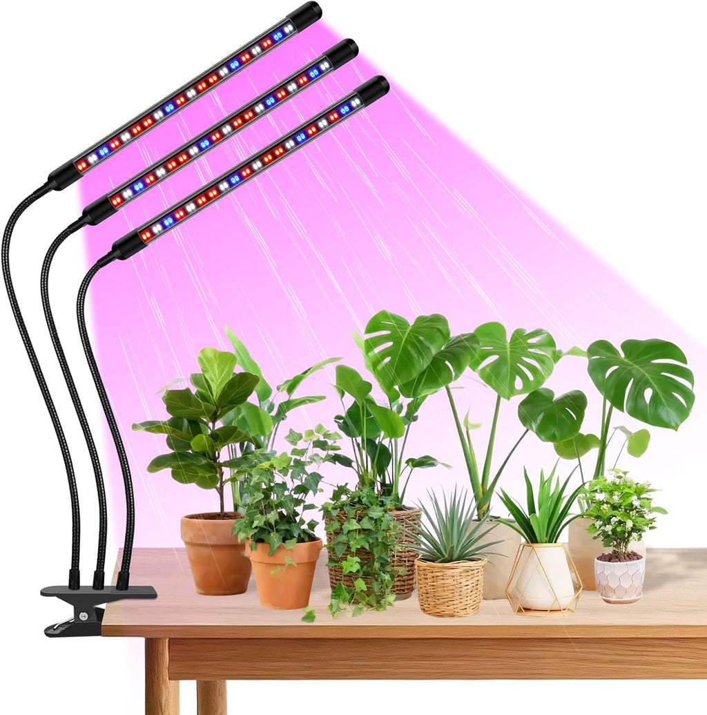 Tri-Head Clip Grow Light for Indoor Plants, Full Spectrum with 6/12/18H Timer, 5 Dimmable Levels, 3 Spectrum Modes & 360° Gooseneck for Seedlings, Houseplants, Succulents
