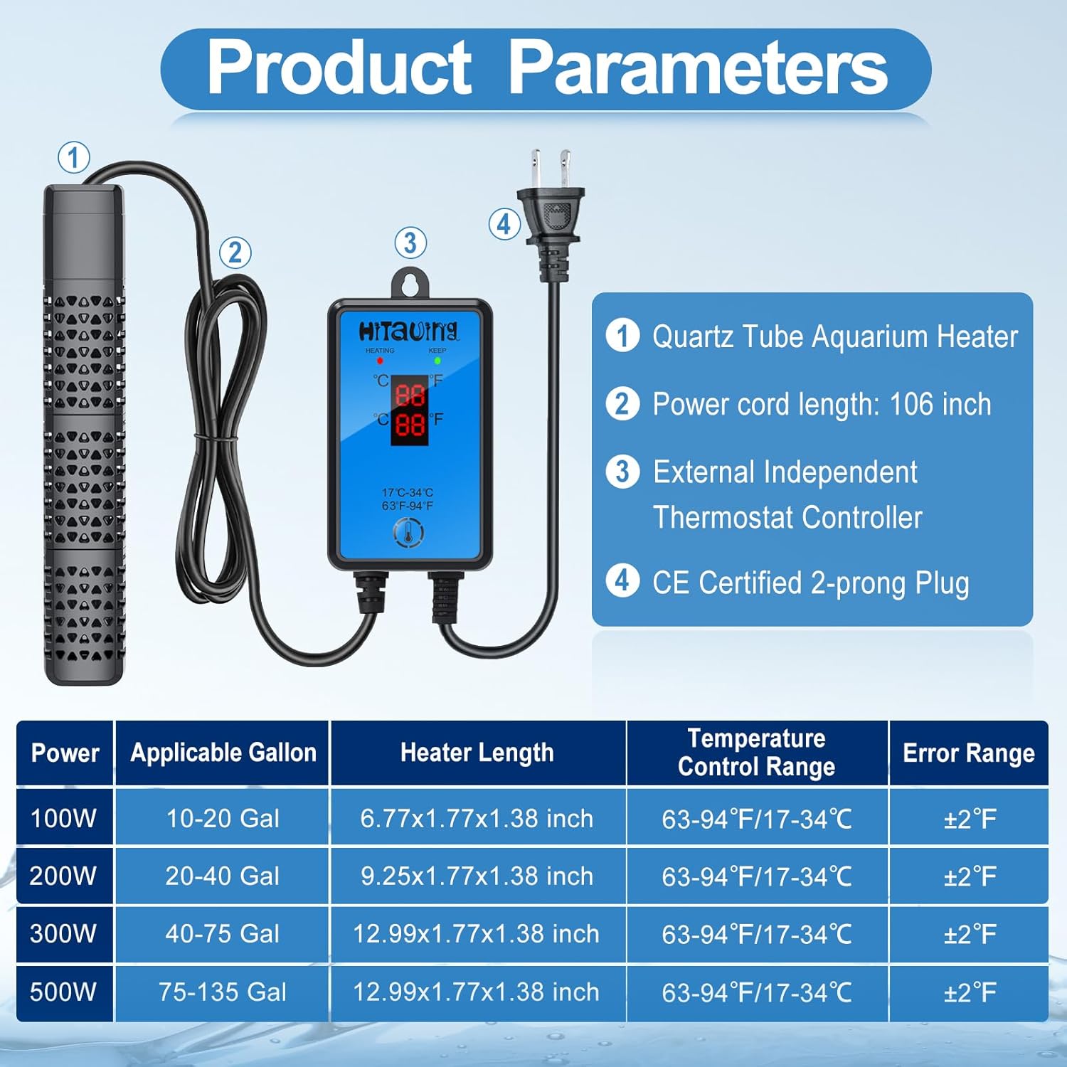 HiTauing Aquarium Heater, Upgraded 200W Fish Tank Heater with Intelligent Leaving Water Automatically Stop Heating and Advanced Temperature Control System, Suitable for Saltwater and Freshwater