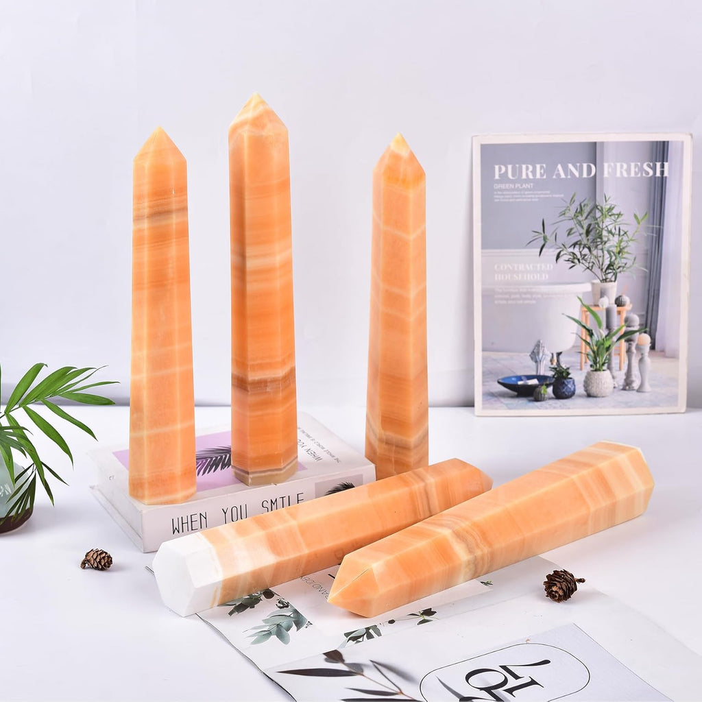 JIC Gem Large Yellow Calcite Crystal Tower Natural Yellow Quartz Healing Crystal Point Wand Obelisk 6 Faceted Reiki Chakra Meditation Therapy Home Decor 1.7-2.2 Lbs