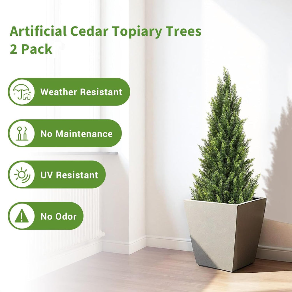 4FT Artificial Cedar Christmas Topiary Trees Set of 2 - Realistic Faux Cypress Plants UV Resistant for Outdoor Planter, Fake Bushes & Shrubs for Porch Front Door Outside UV Rated, 4 Feet Tall, 2 Pack