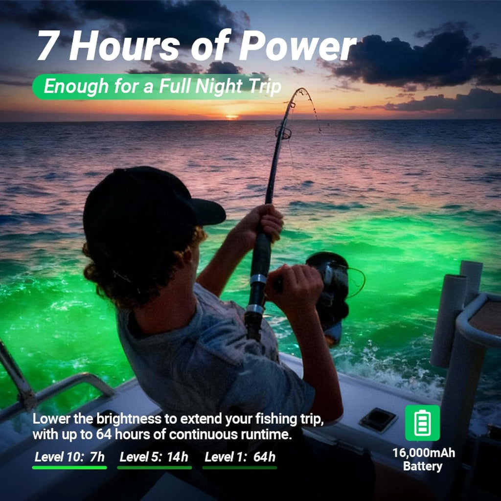 Rechargeable Underwater Fishing Light, Built-in Battery & Cordless, Remote Dimmable, Auto-On in Water, IP68 Waterproof, Multi-Color, Suitable for Boat, Dock, Freshwater, and Saltwater