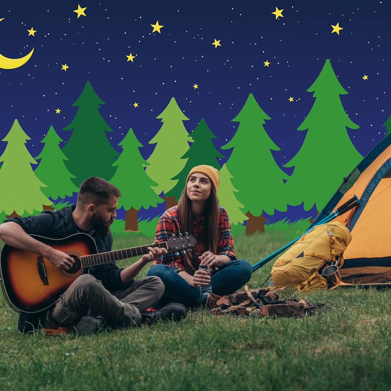 10 x 16 ft Enchanted Forest Camping Backdrop Scene Camping Background Supplies Forest Night Scene Photography Background for Theme Party Photo Banner Decoration