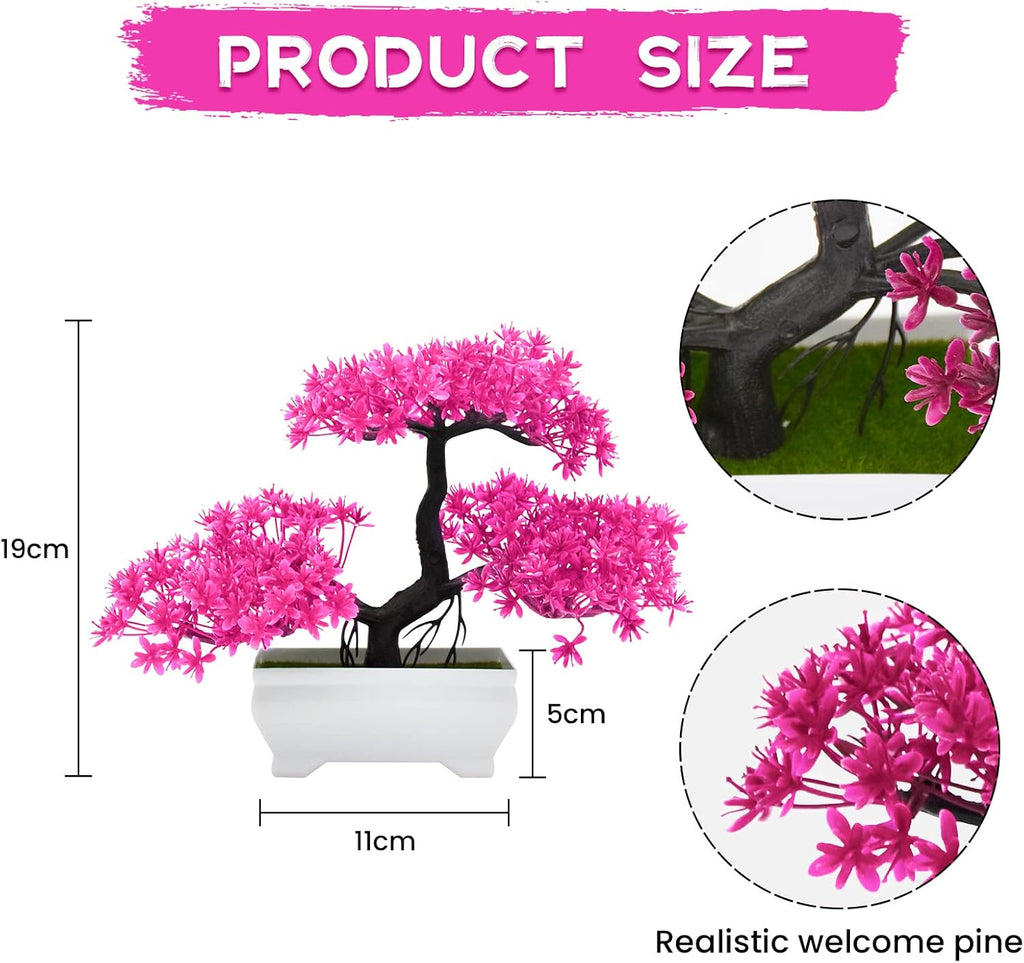 Mini Artificial Bonsai Tree Plants with Plastic Cement Pots for Home Office Décor(Pink)
