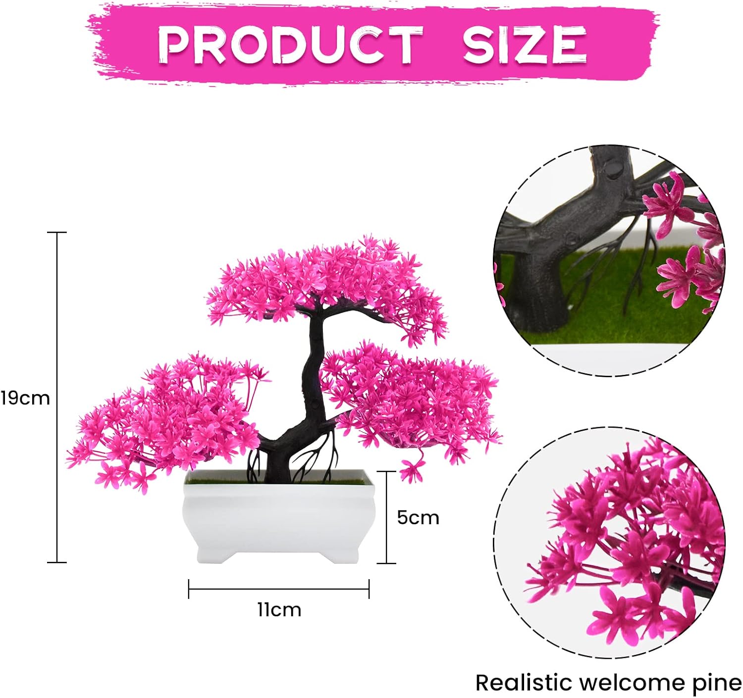 Mini Artificial Bonsai Tree Plants with Plastic Cement Pots for Home Office Décor(Pink)